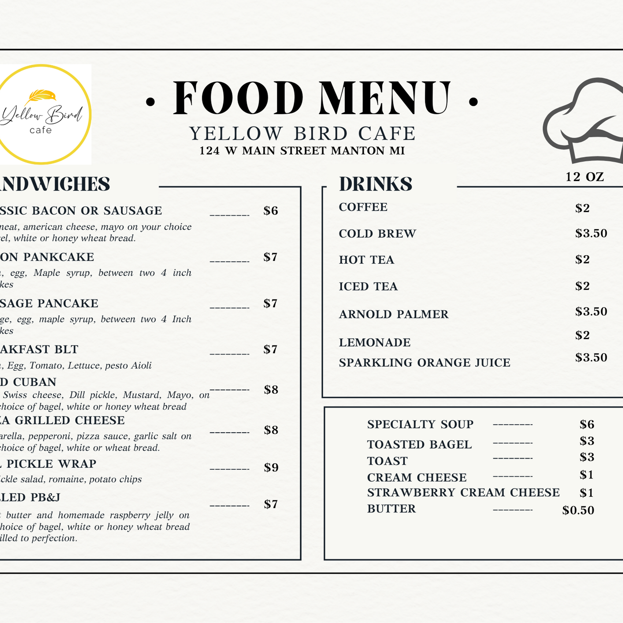 Yellow Bird Cafe Menu