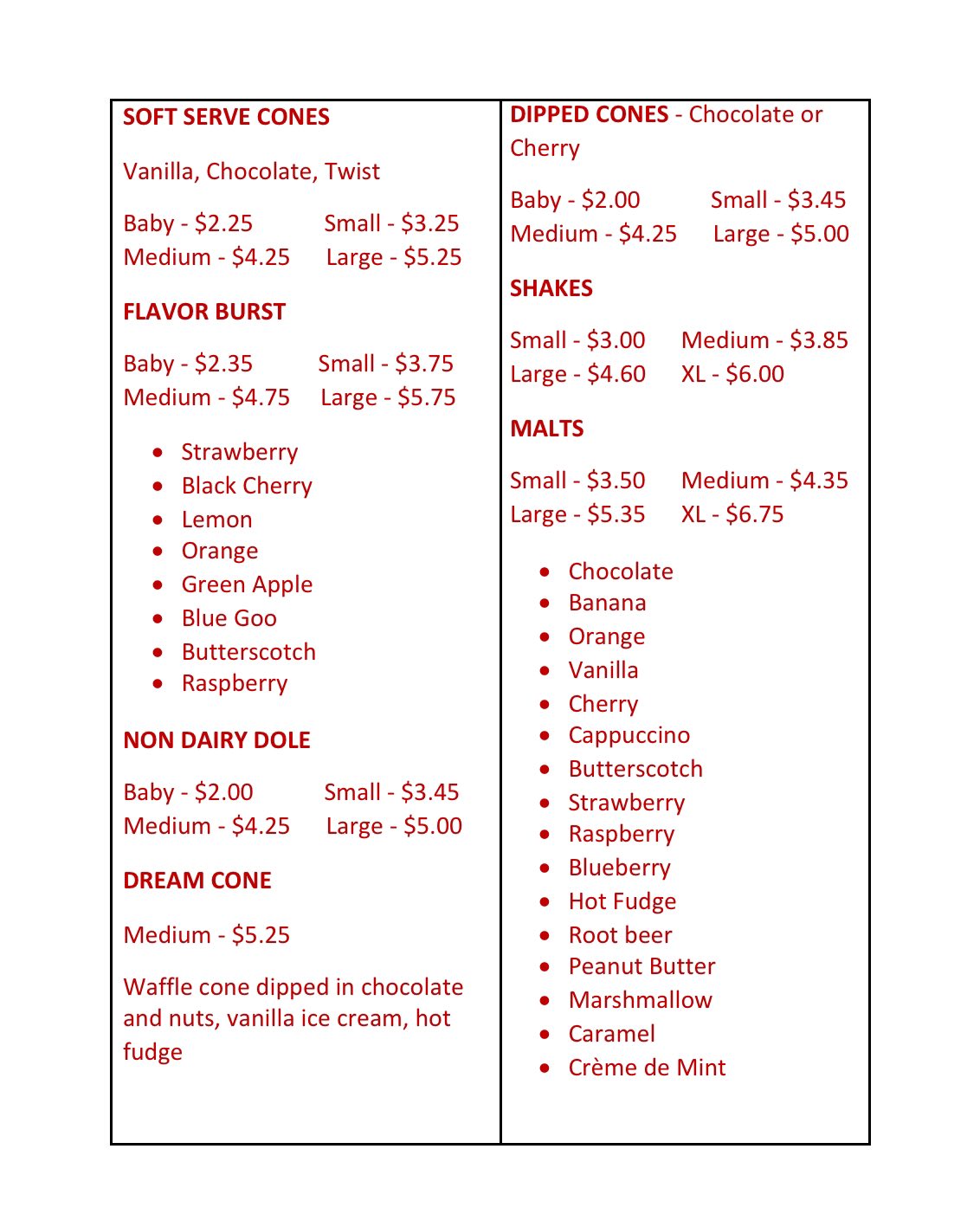 Cone Corral Menu