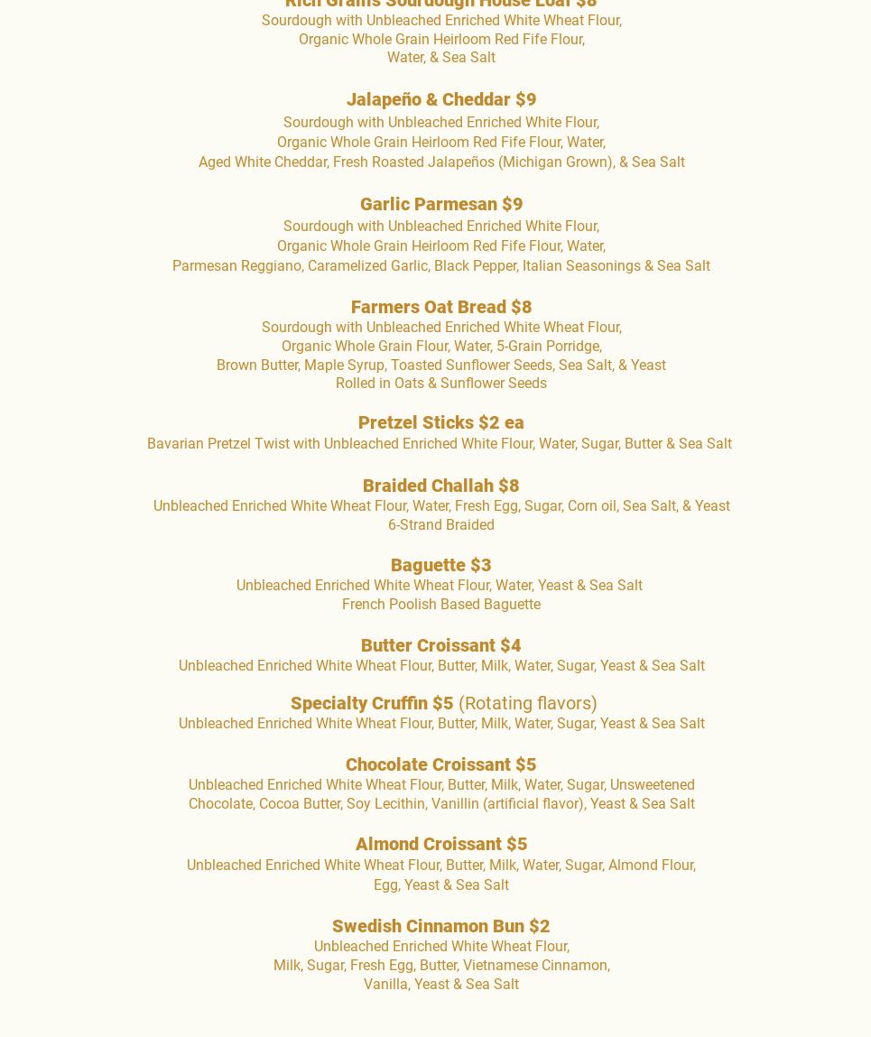Rich Grains Bakery Menu