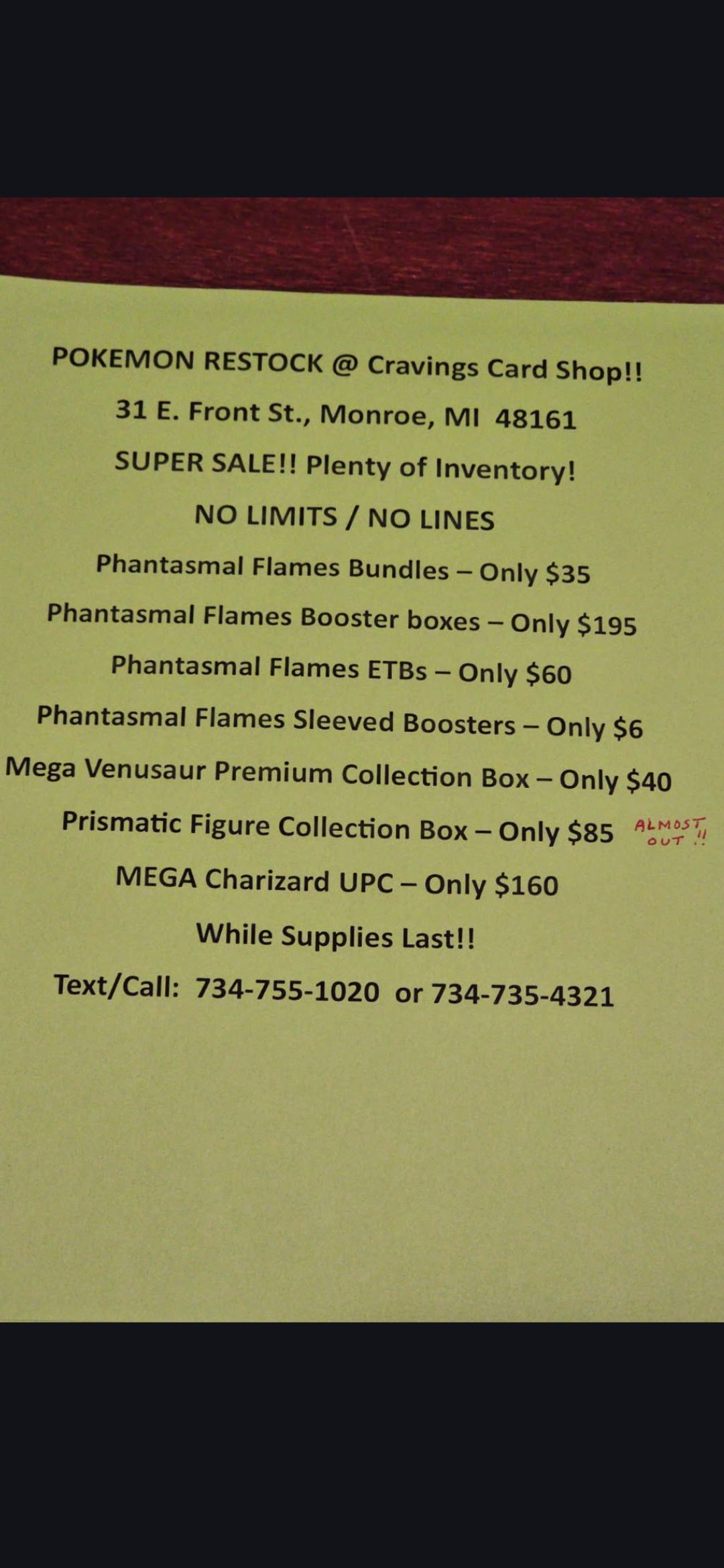 Cravings Sports Cards & Collectibles Menu