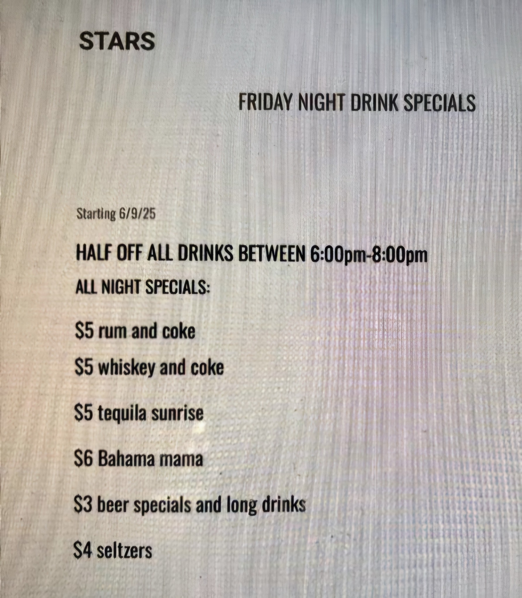 Stars Gentlemen's Club Menu