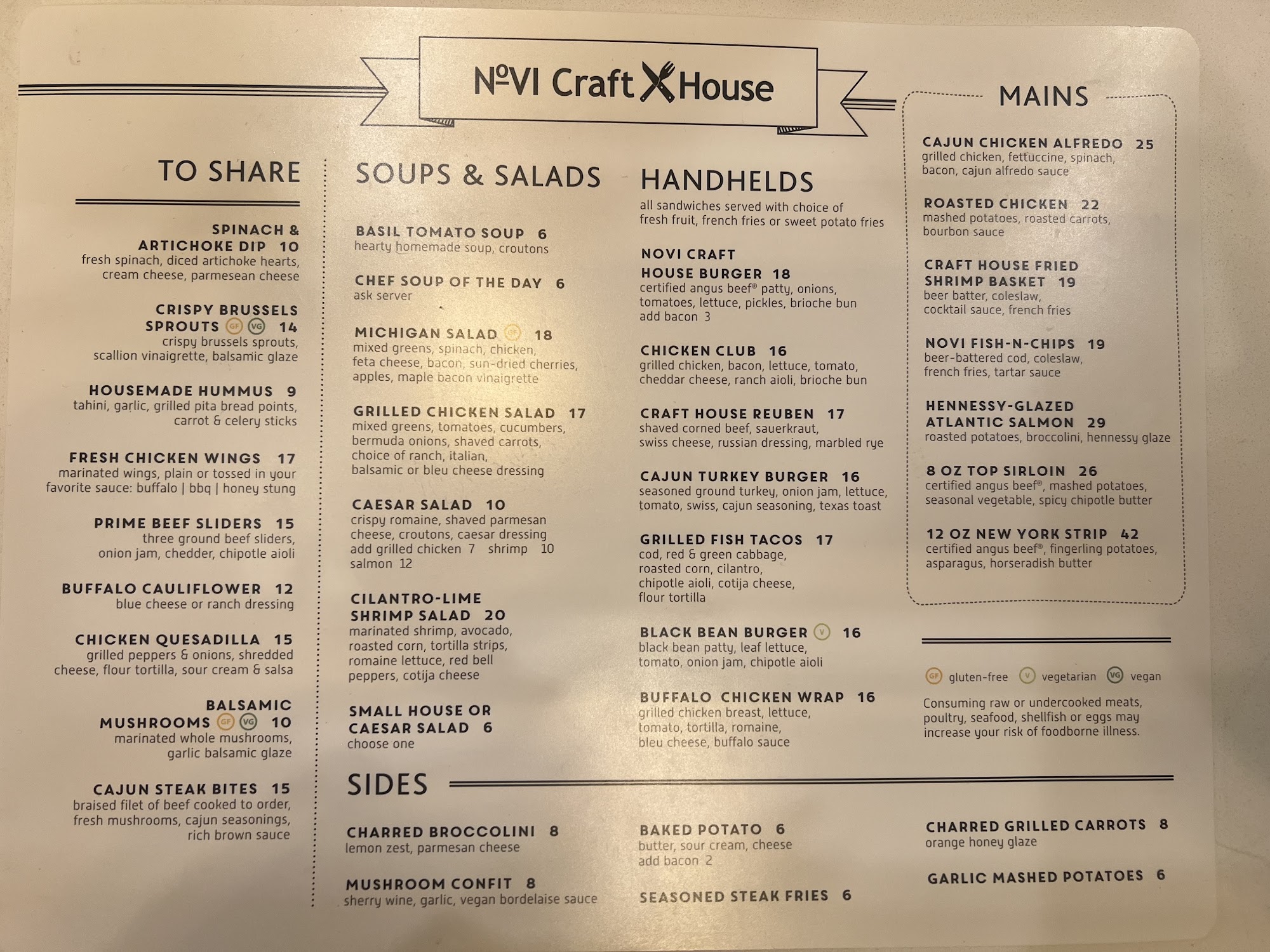 NoVI Craft House Menu