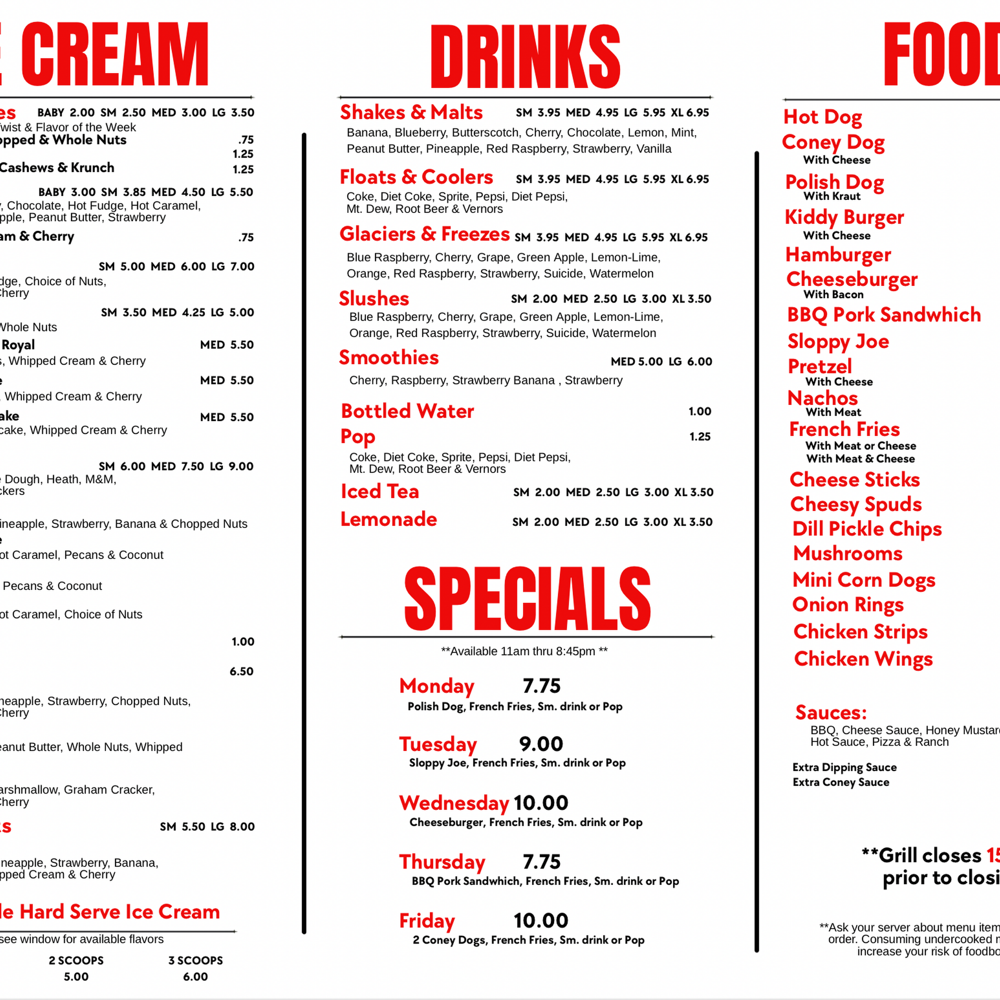 Parma Ice Cream Menu