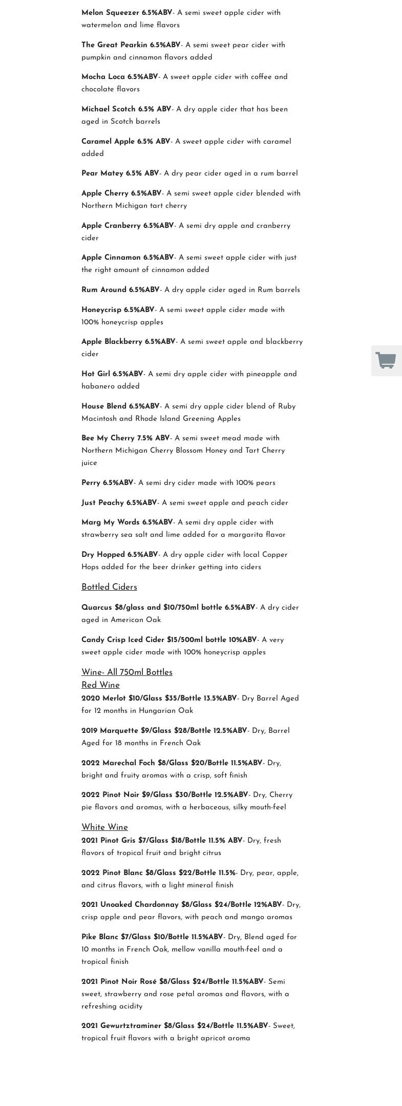 Resort Pike Cidery & Winery Menu
