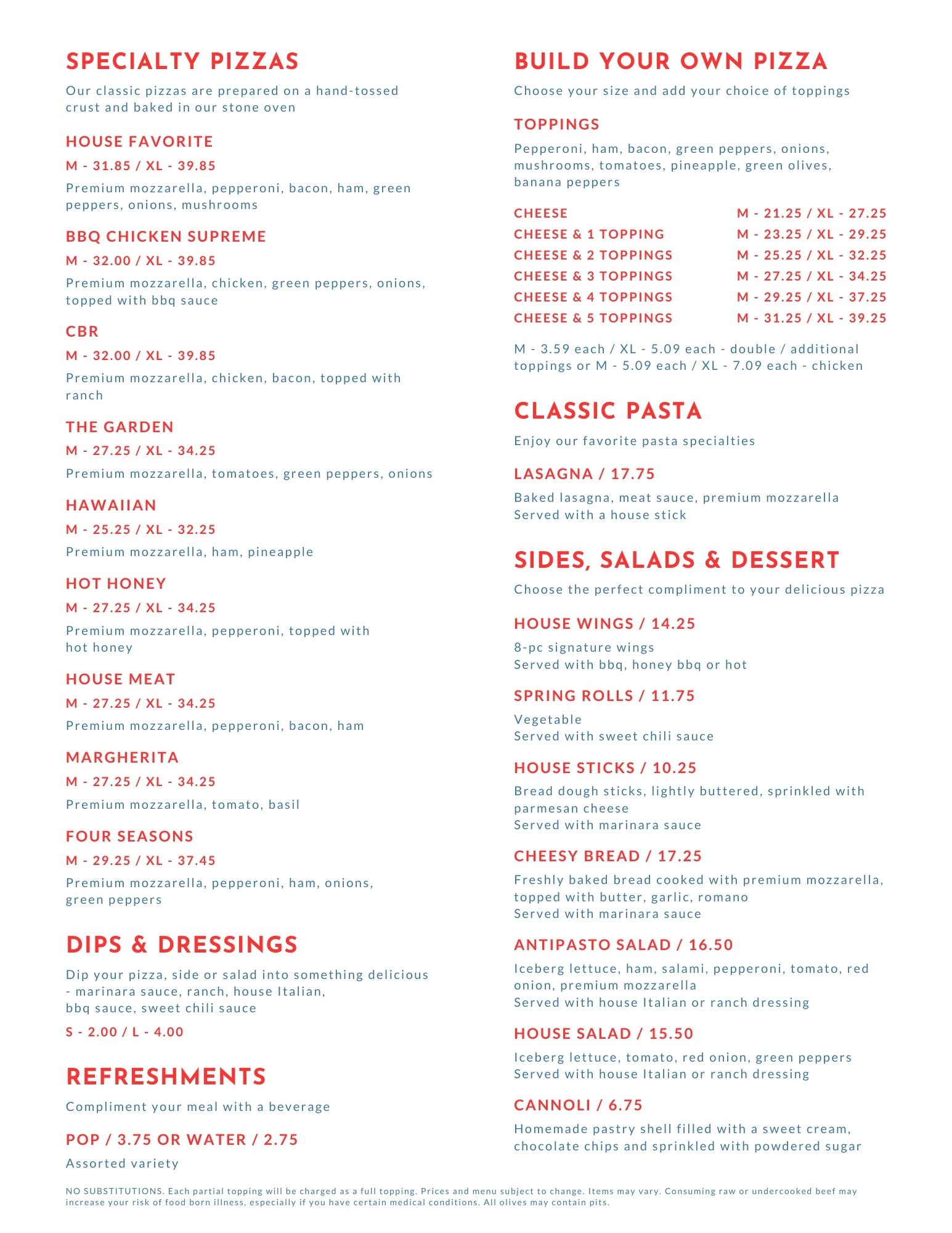 Port Austin Pizza House Menu