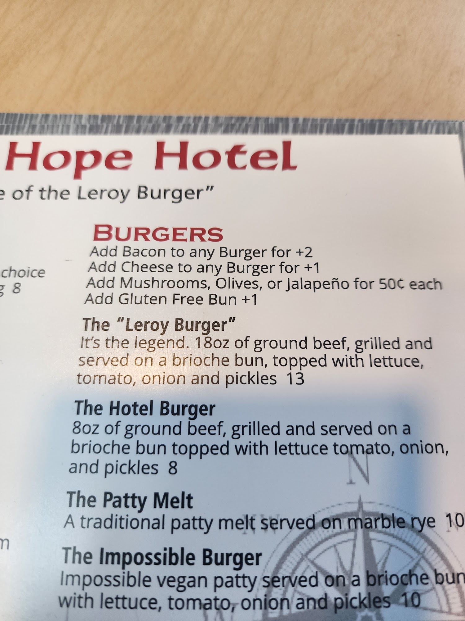 Port Hope Hotel Menu