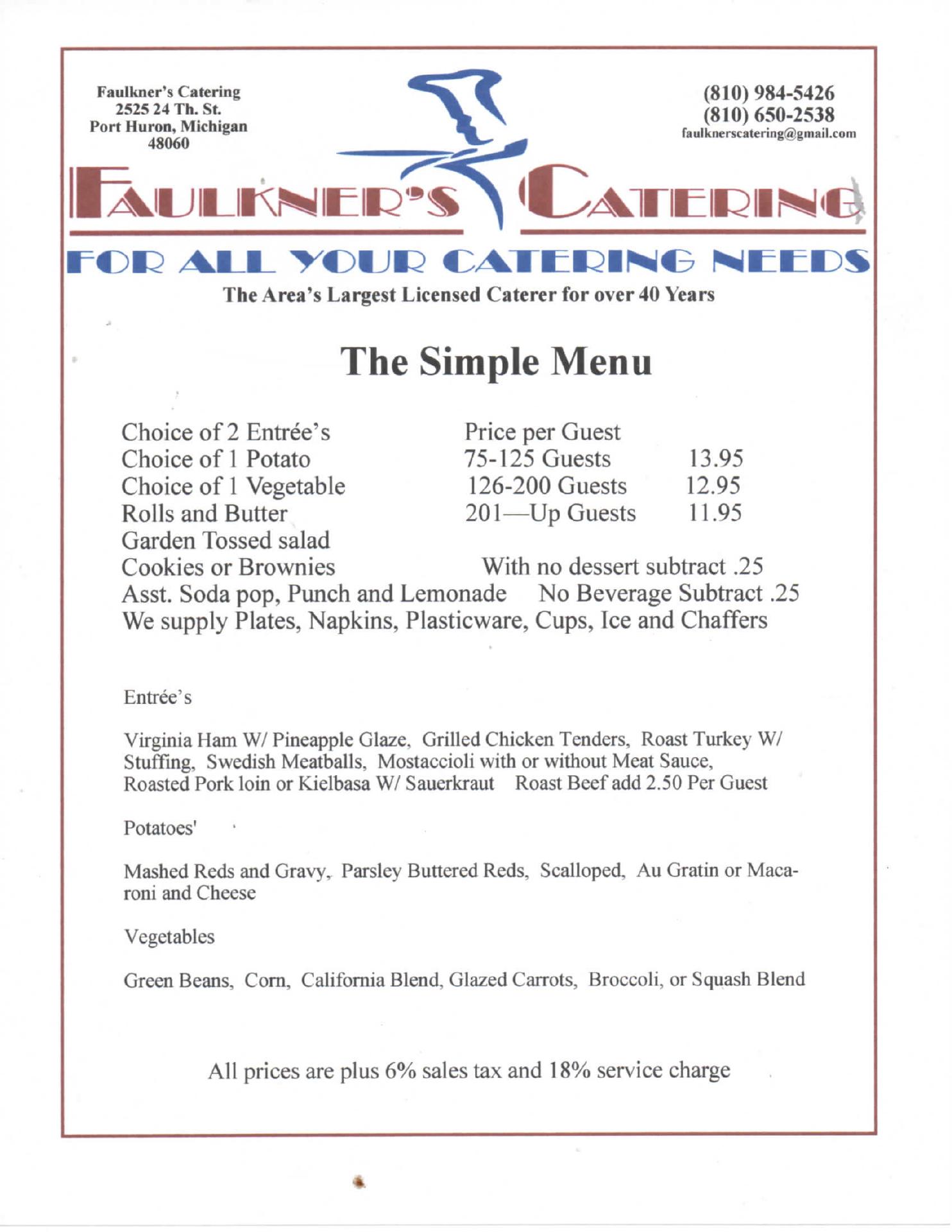 Faulkner's Catering Menu