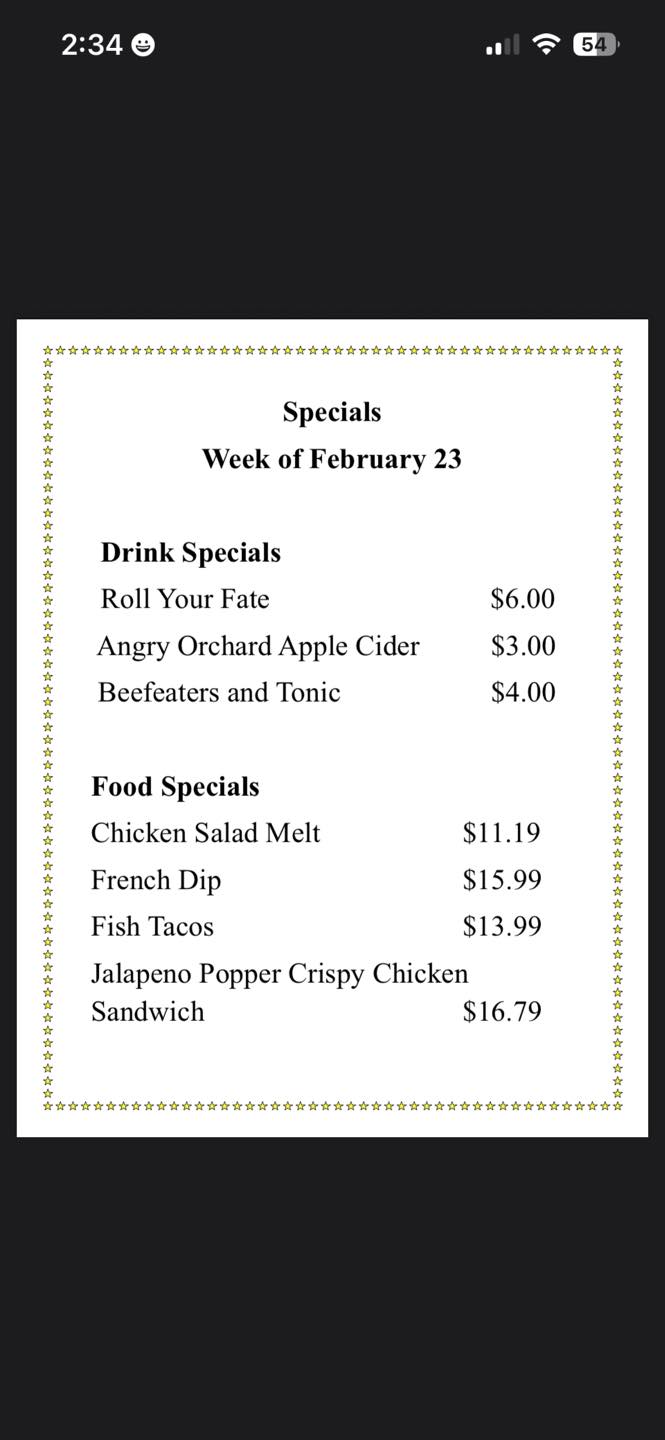 The Rooster's Call Menu