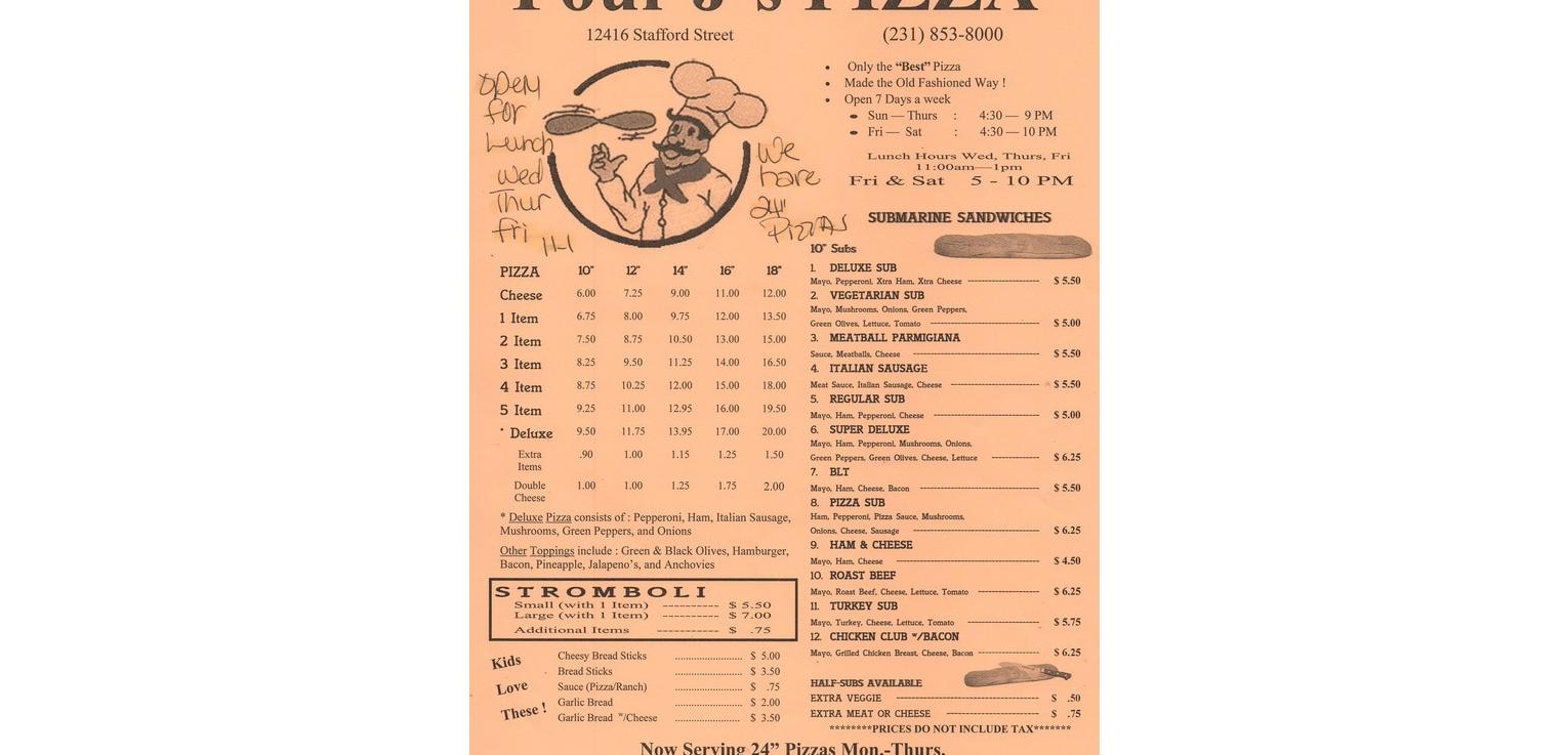 Four J's Pizza Menu