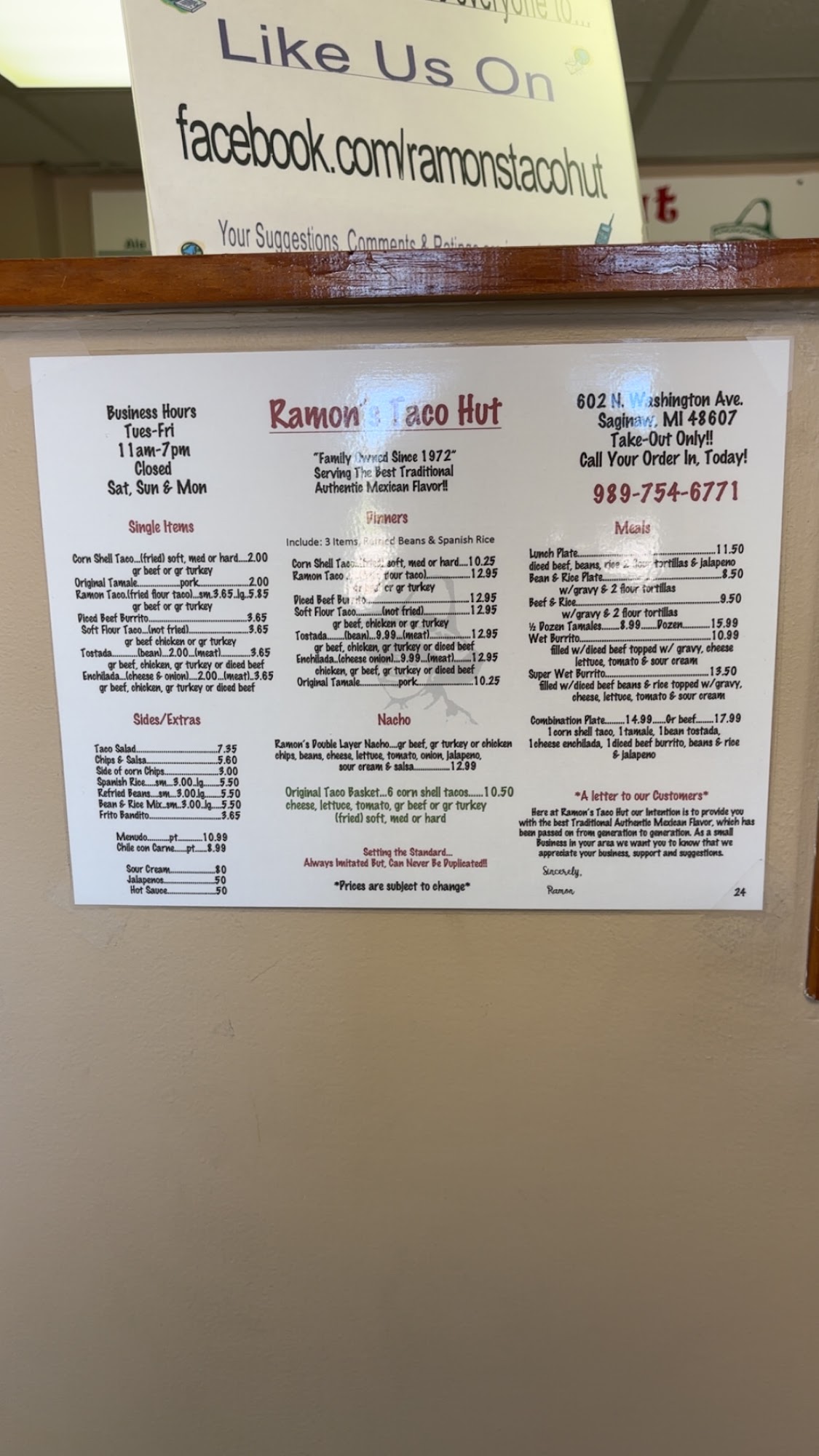 RAMONS TACO HUT Menu