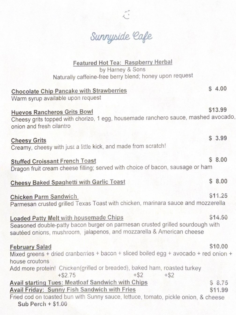 Sunny side up diner Menu