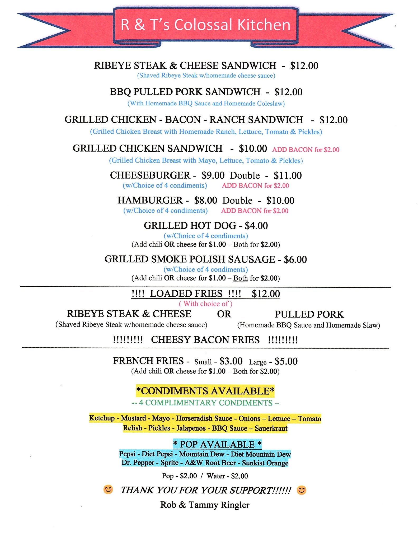 R & T Colossal Kitchen Menu