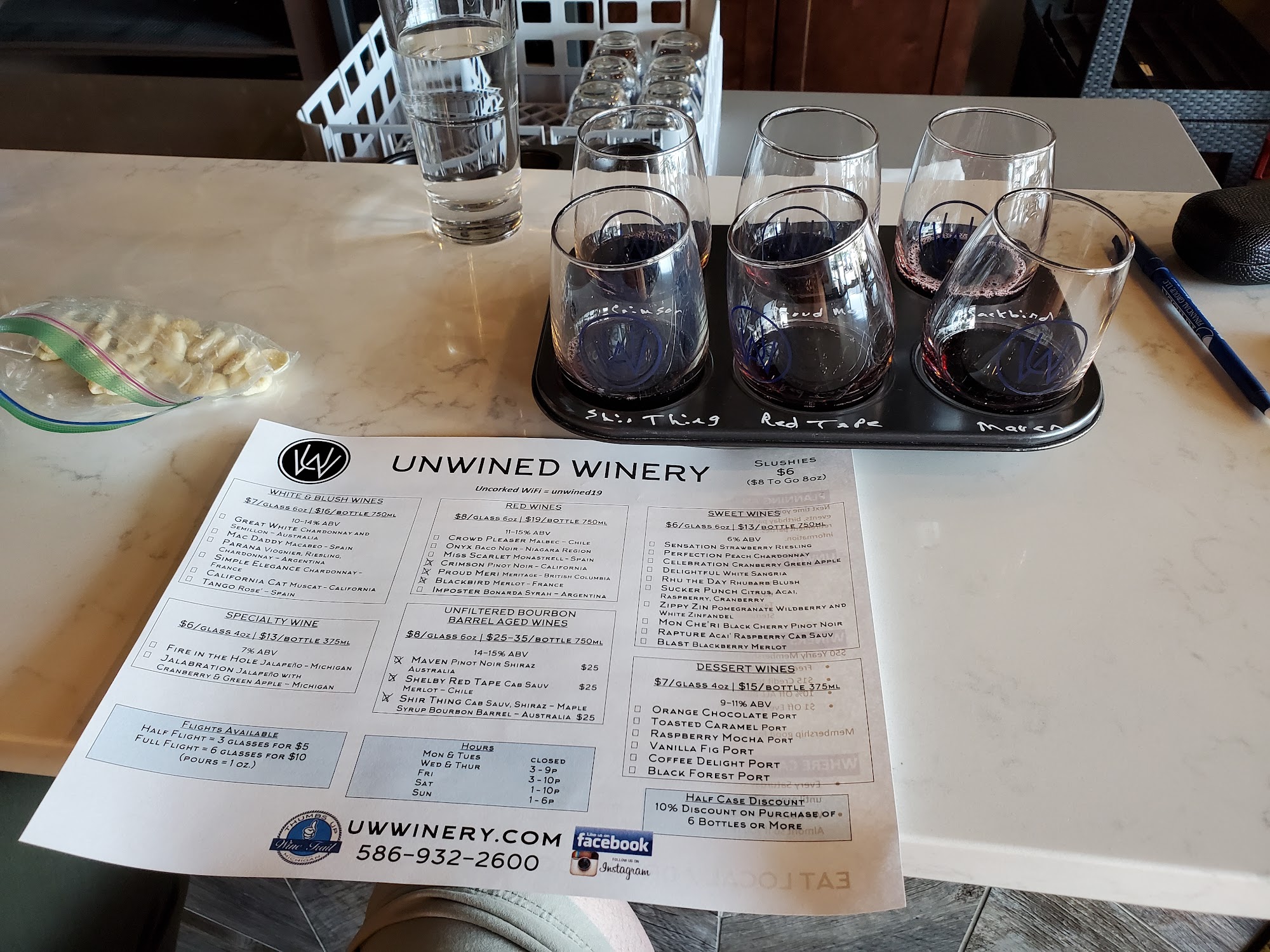 Unwined Winery Menu