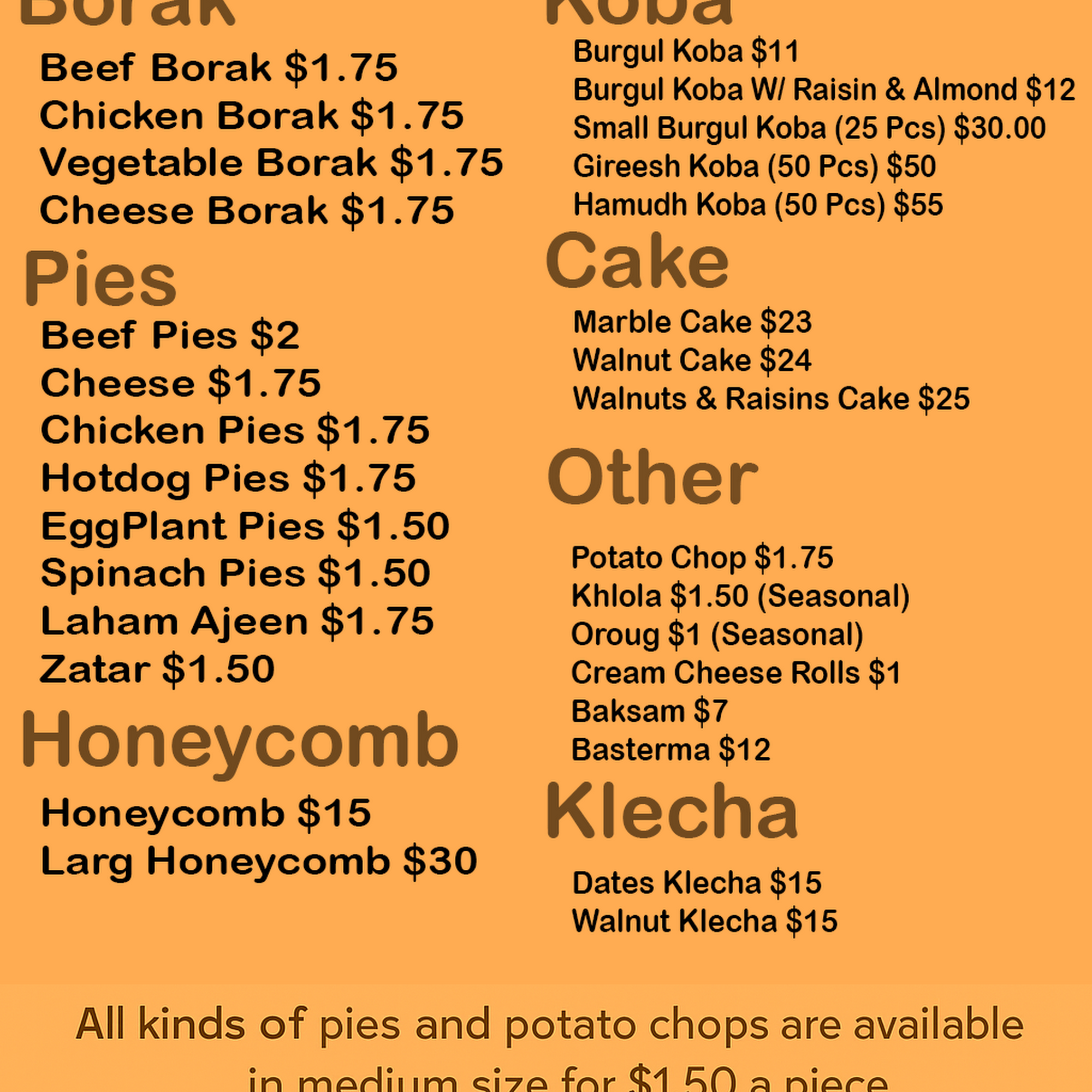 HomeMade Bakery Menu