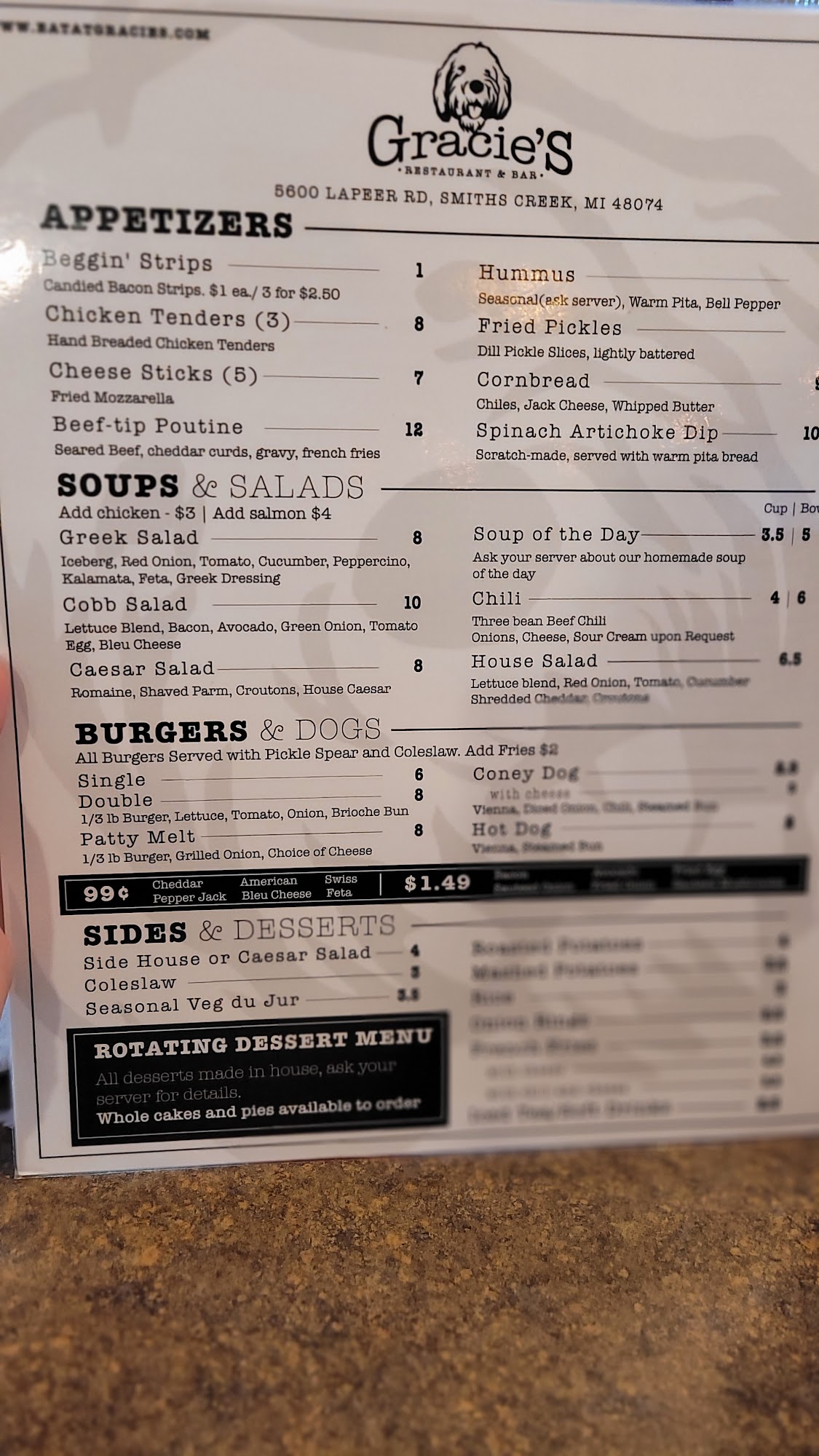 Gracies Restaurant and Bar Menu