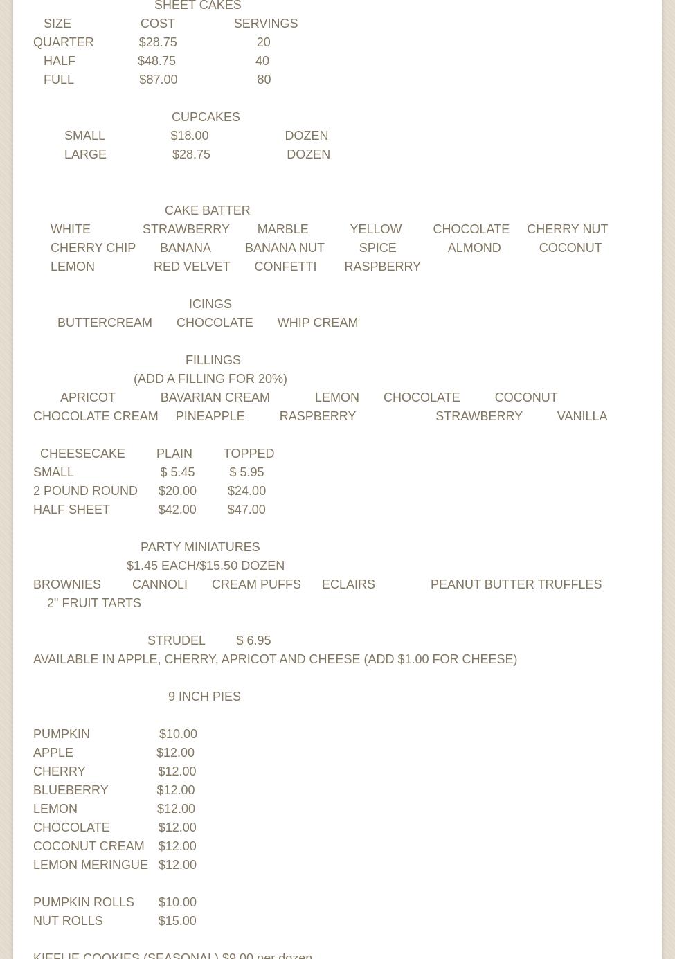Southgate Bakery Menu