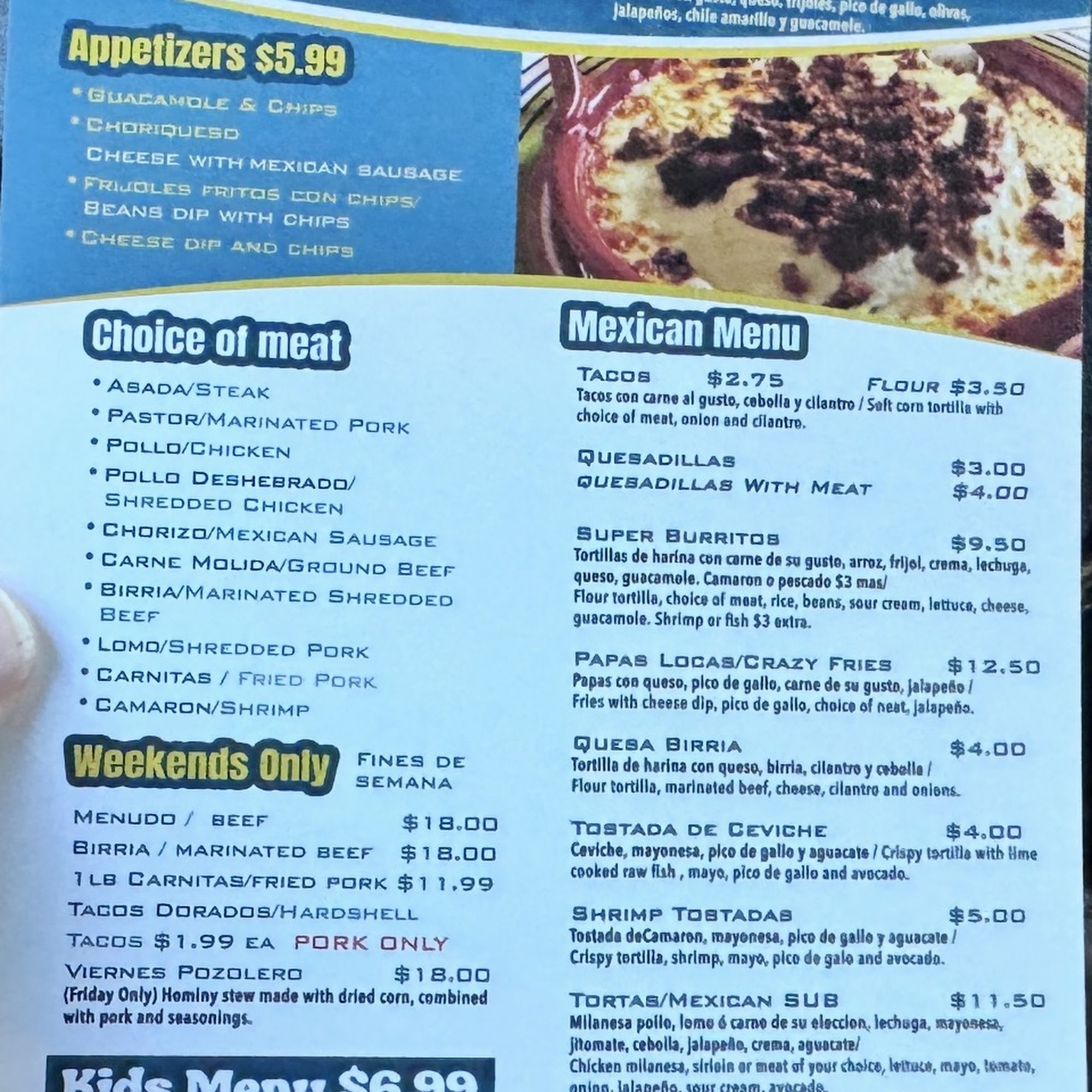 Blue Agave Mexican Bar & Grill Menu