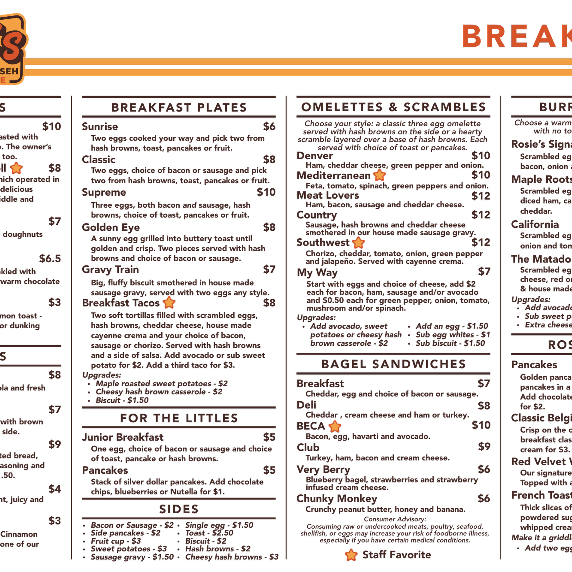 Rosie's Tecumseh Cafe Menu