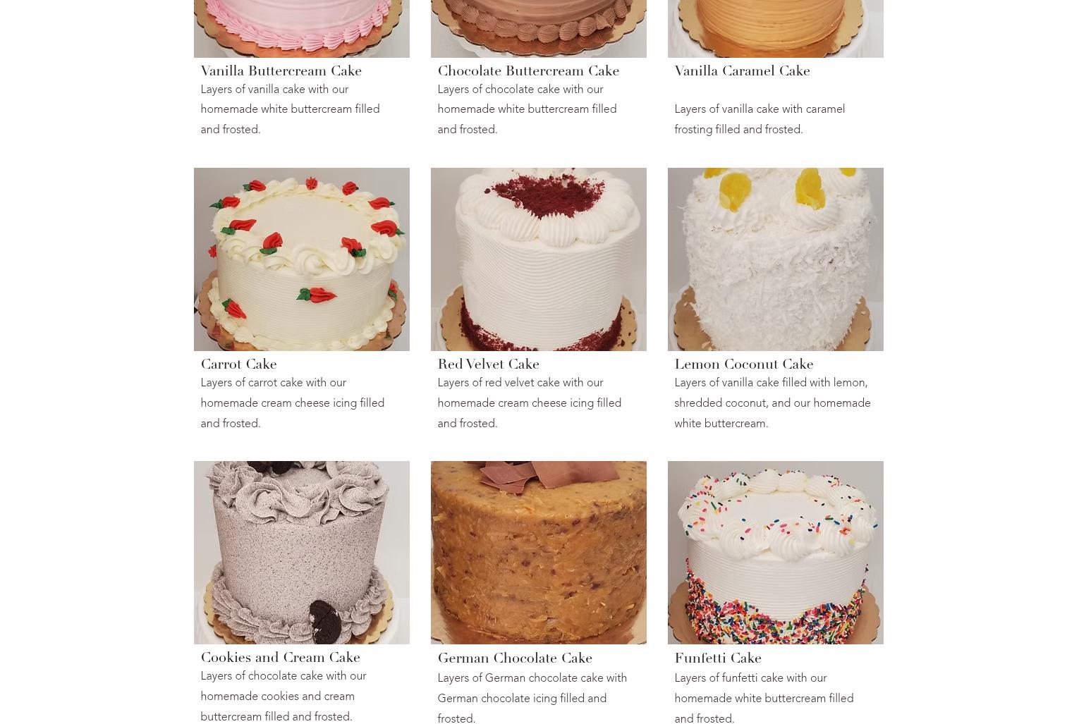 Thomas Cake Shop Menu