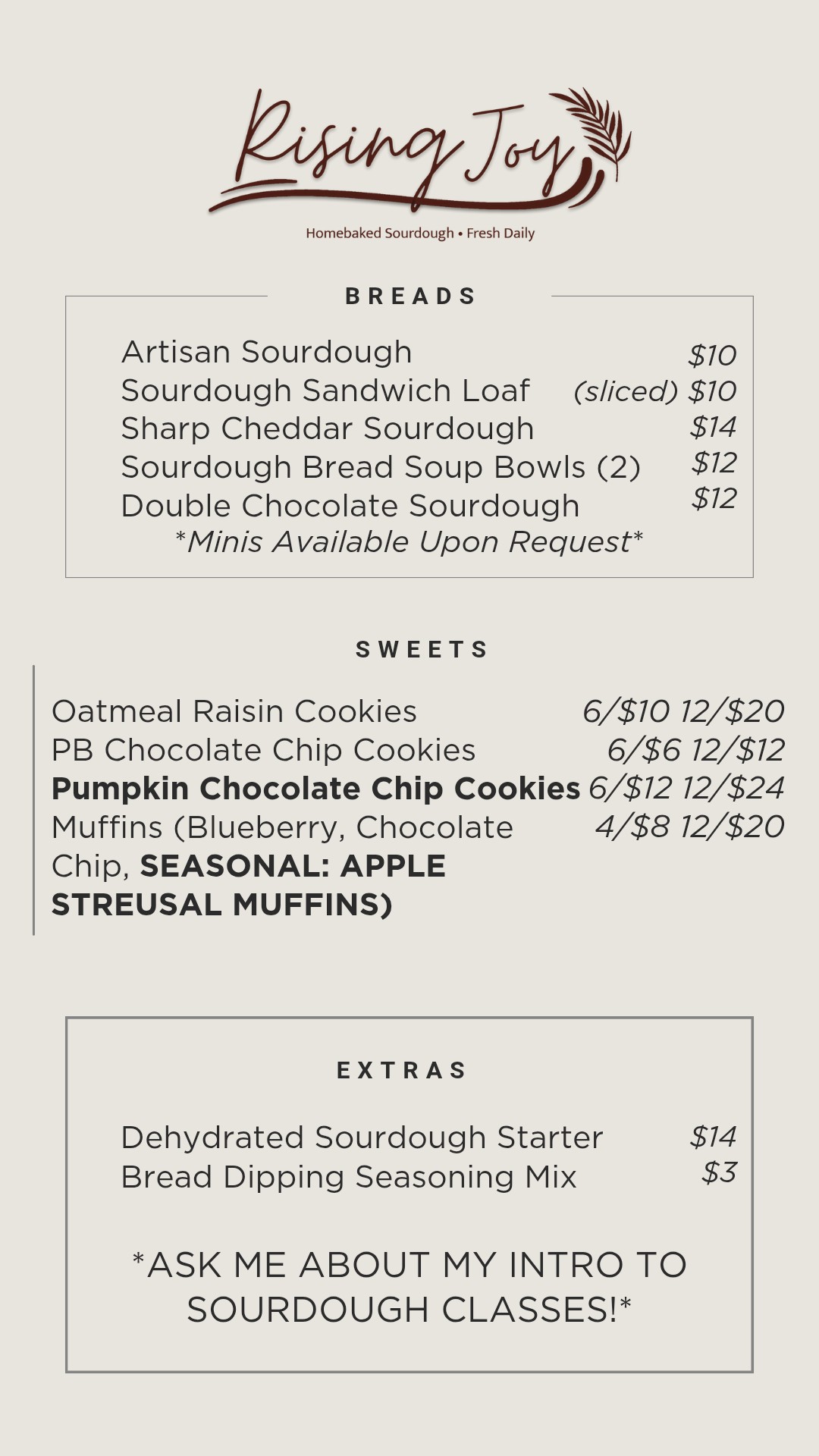 Rising Joy Bakery Menu