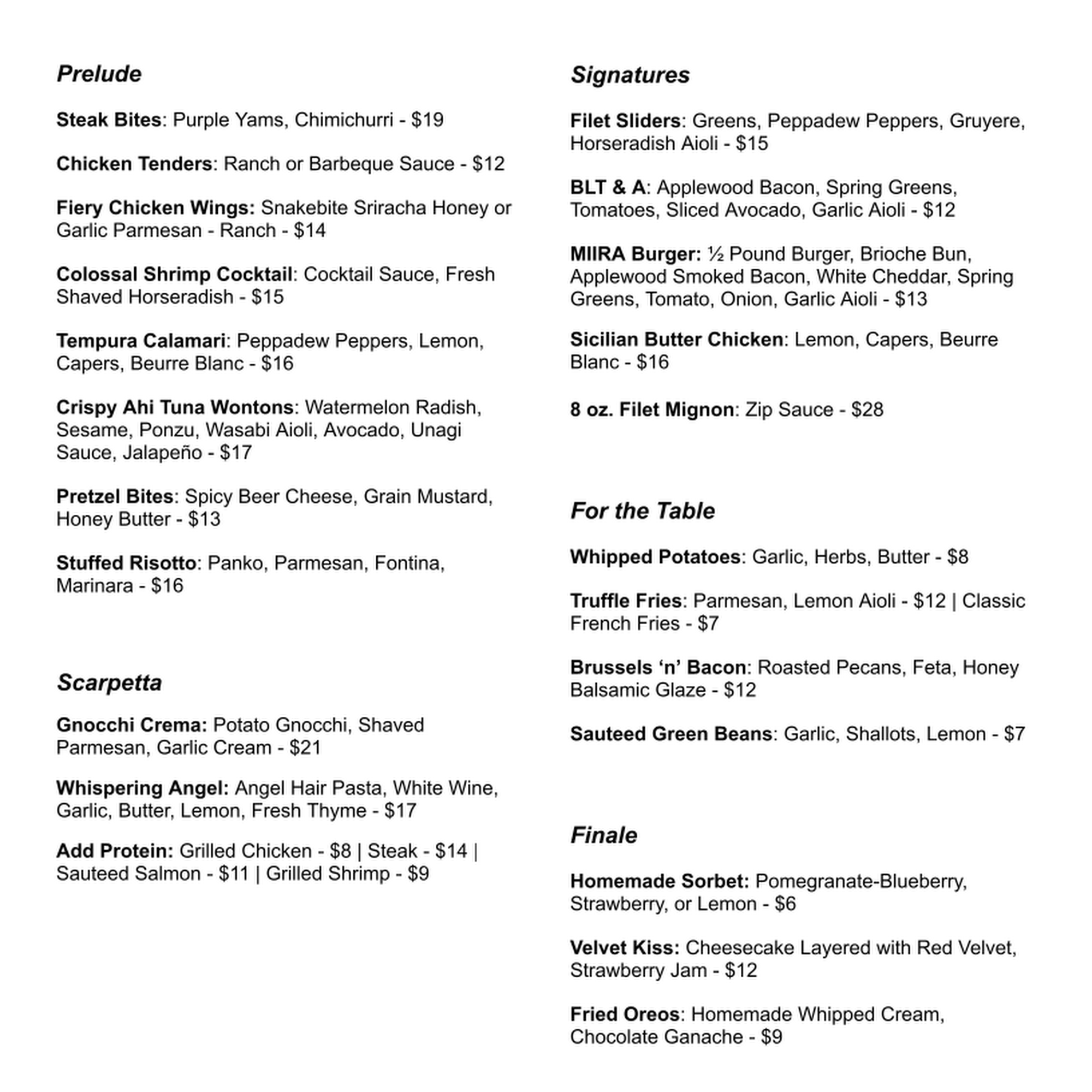MIIRA Menu