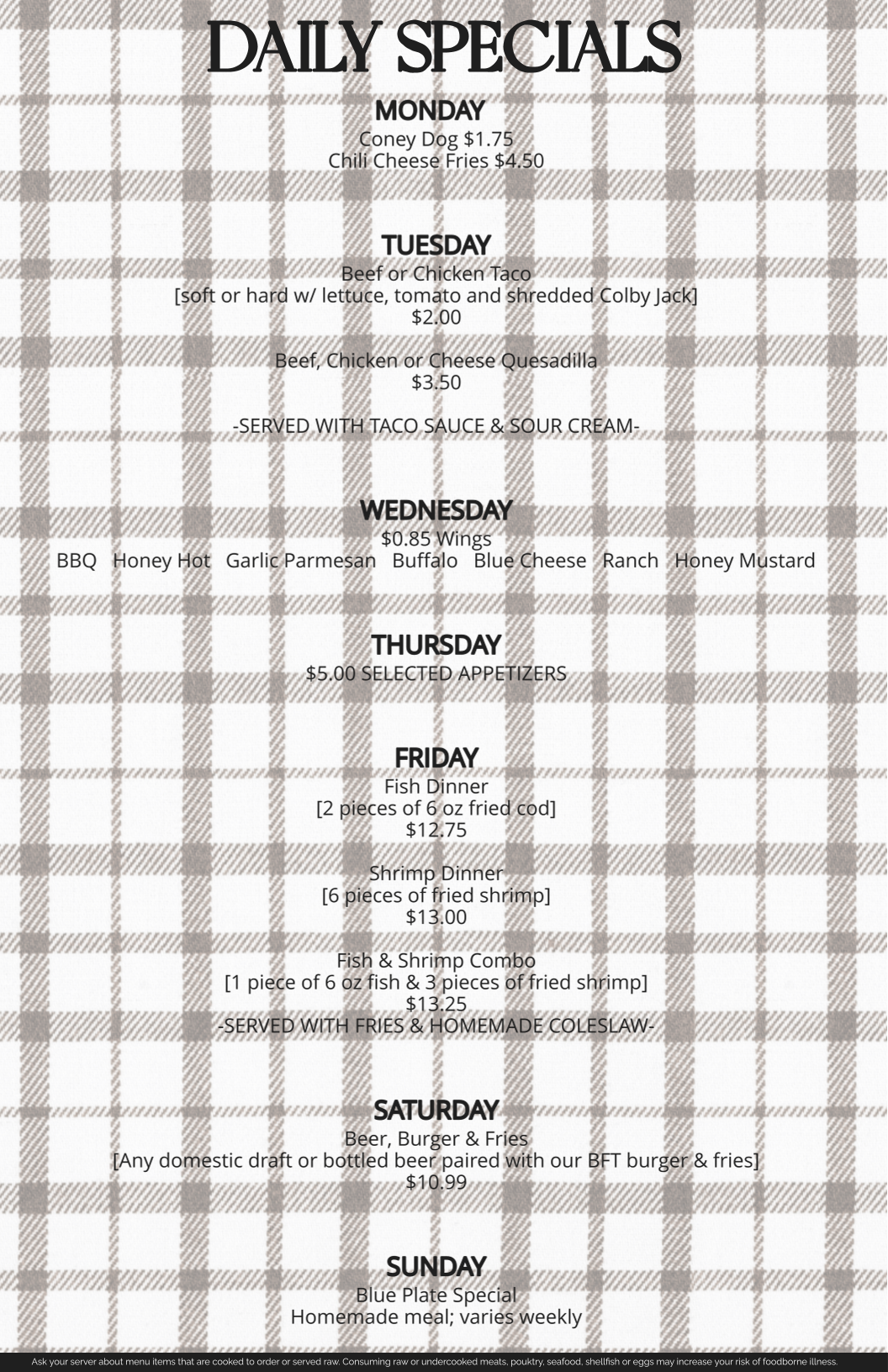 Brown Flannel Tavern Menu