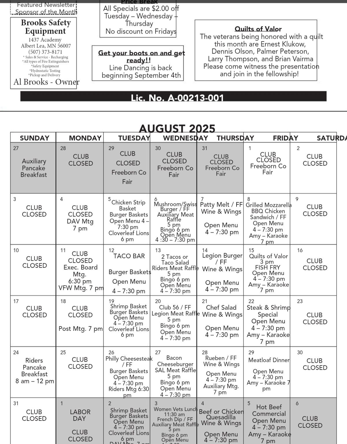 Albert Lea American Legion Post 56 Leo Carey Menu