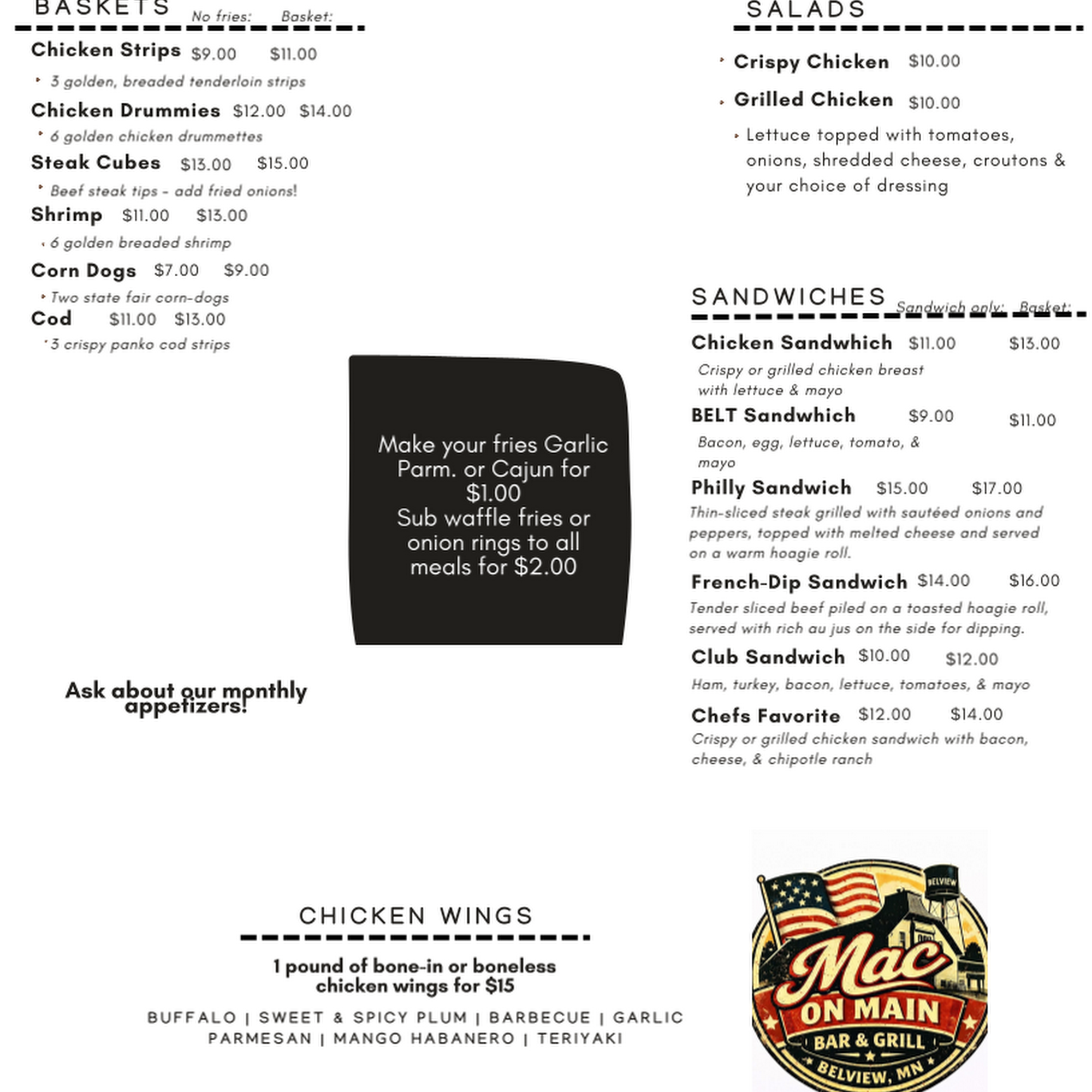 Mac on Main Bar & Grill Menu
