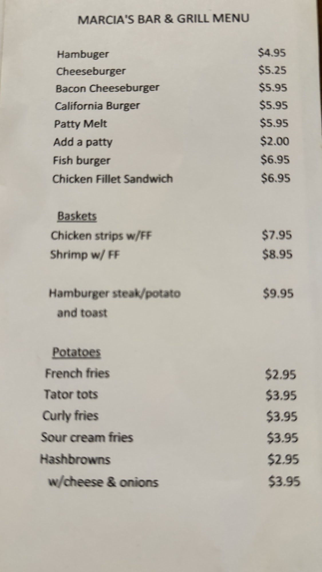 Marcia's Bar & Grill Menu