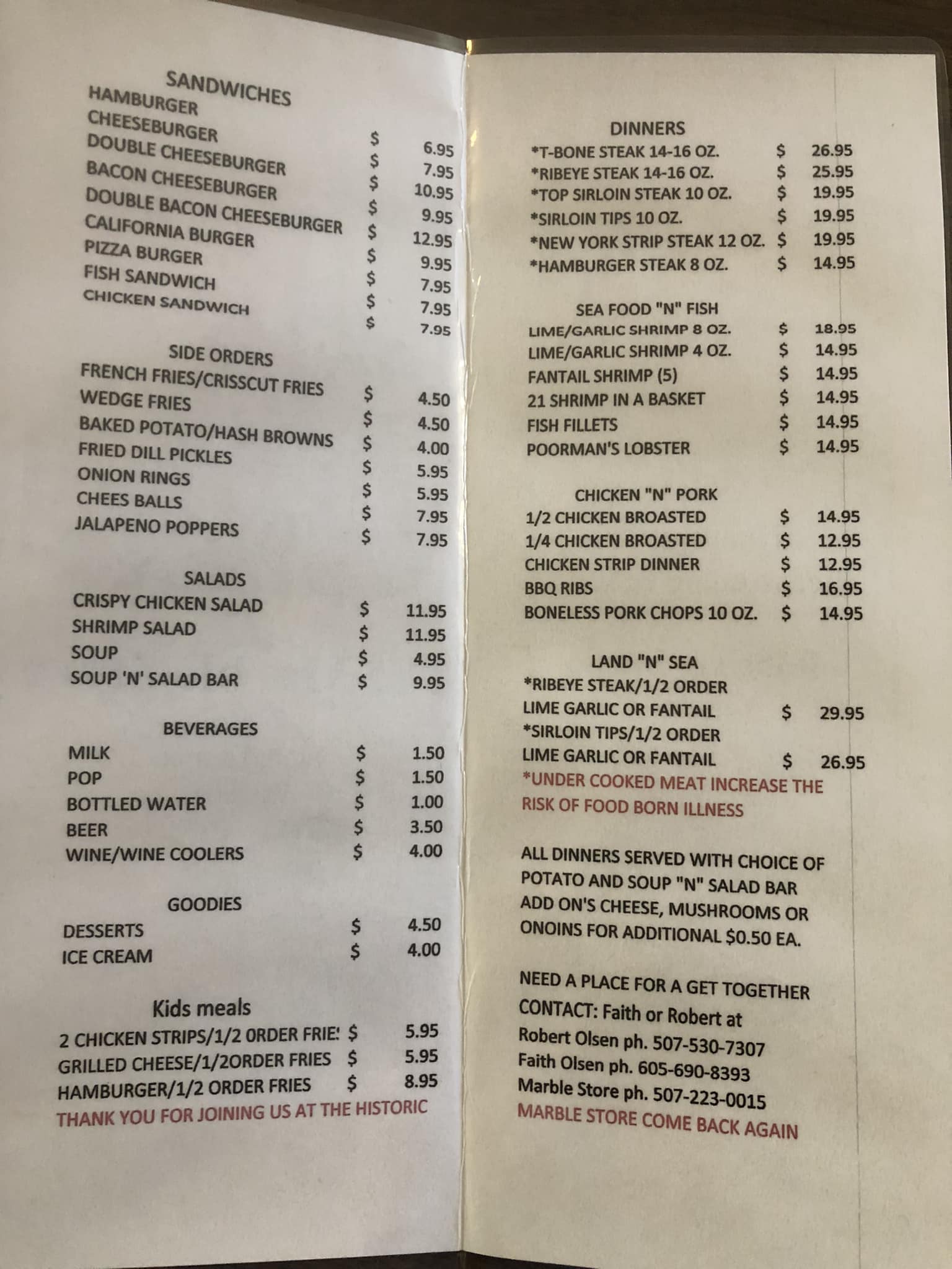 The Marble Store Menu