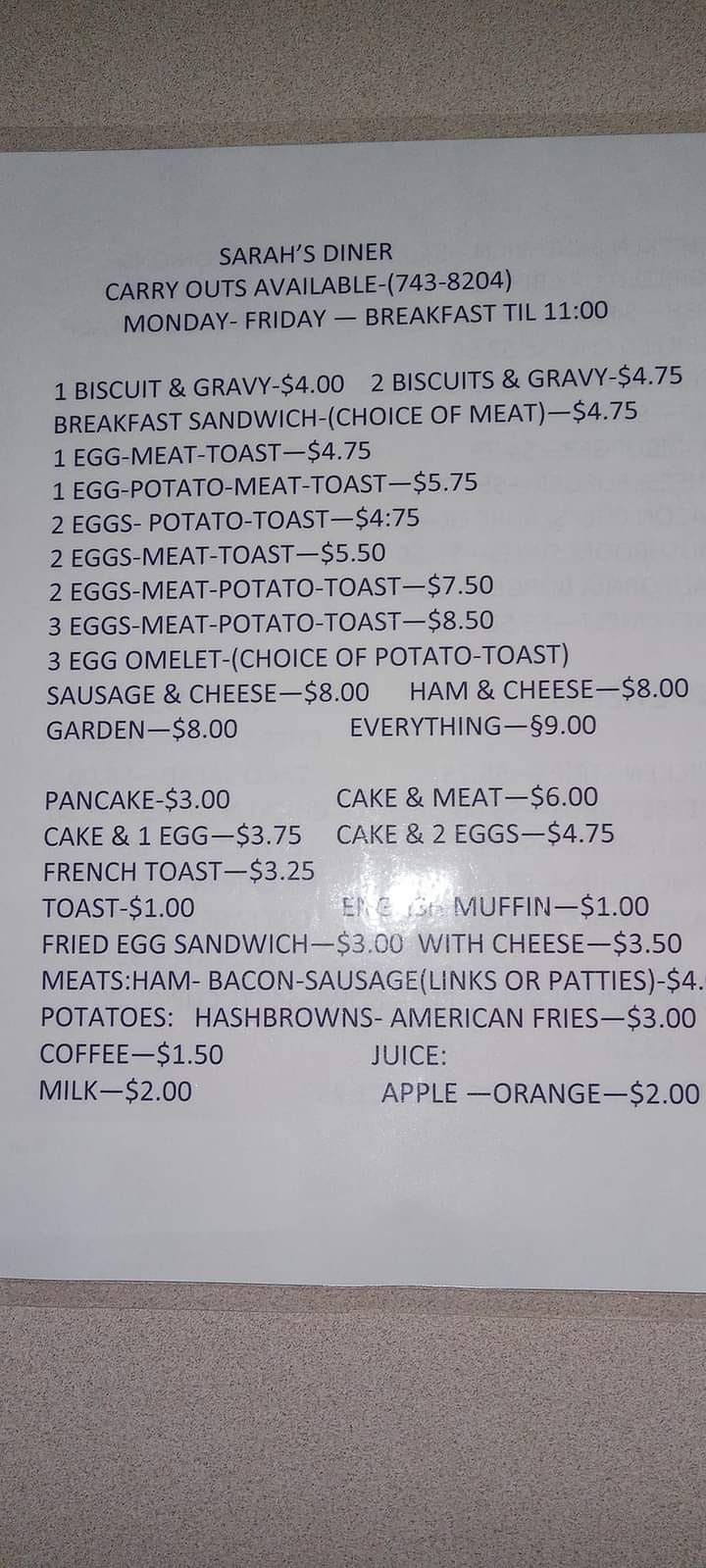 Sarah’s Diner Menu