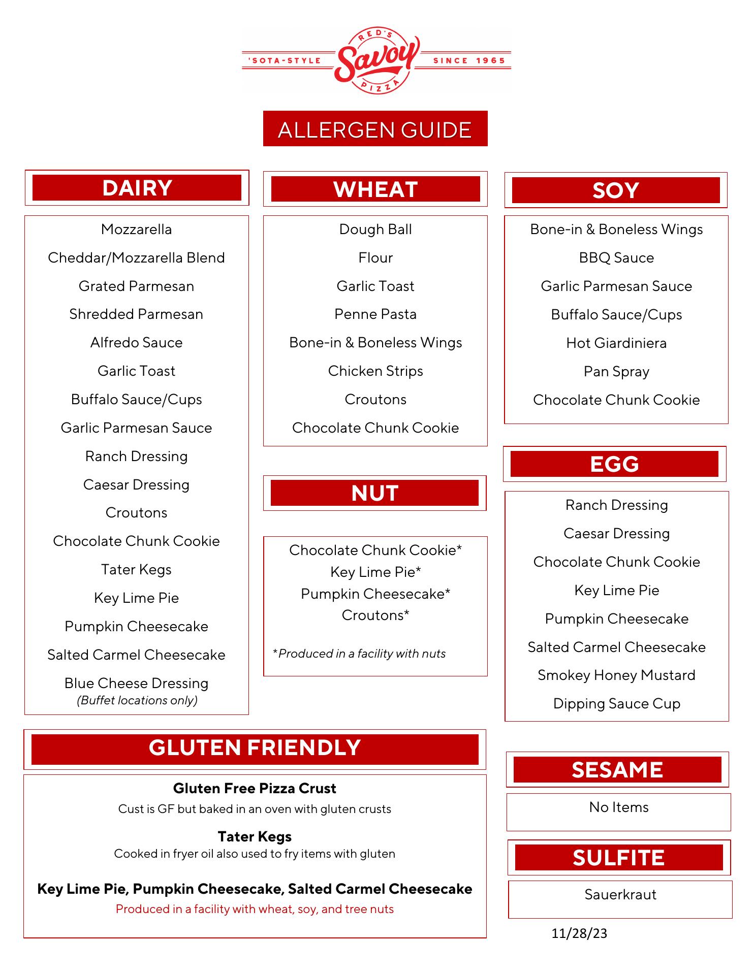 Red's Savoy Pizza Menu