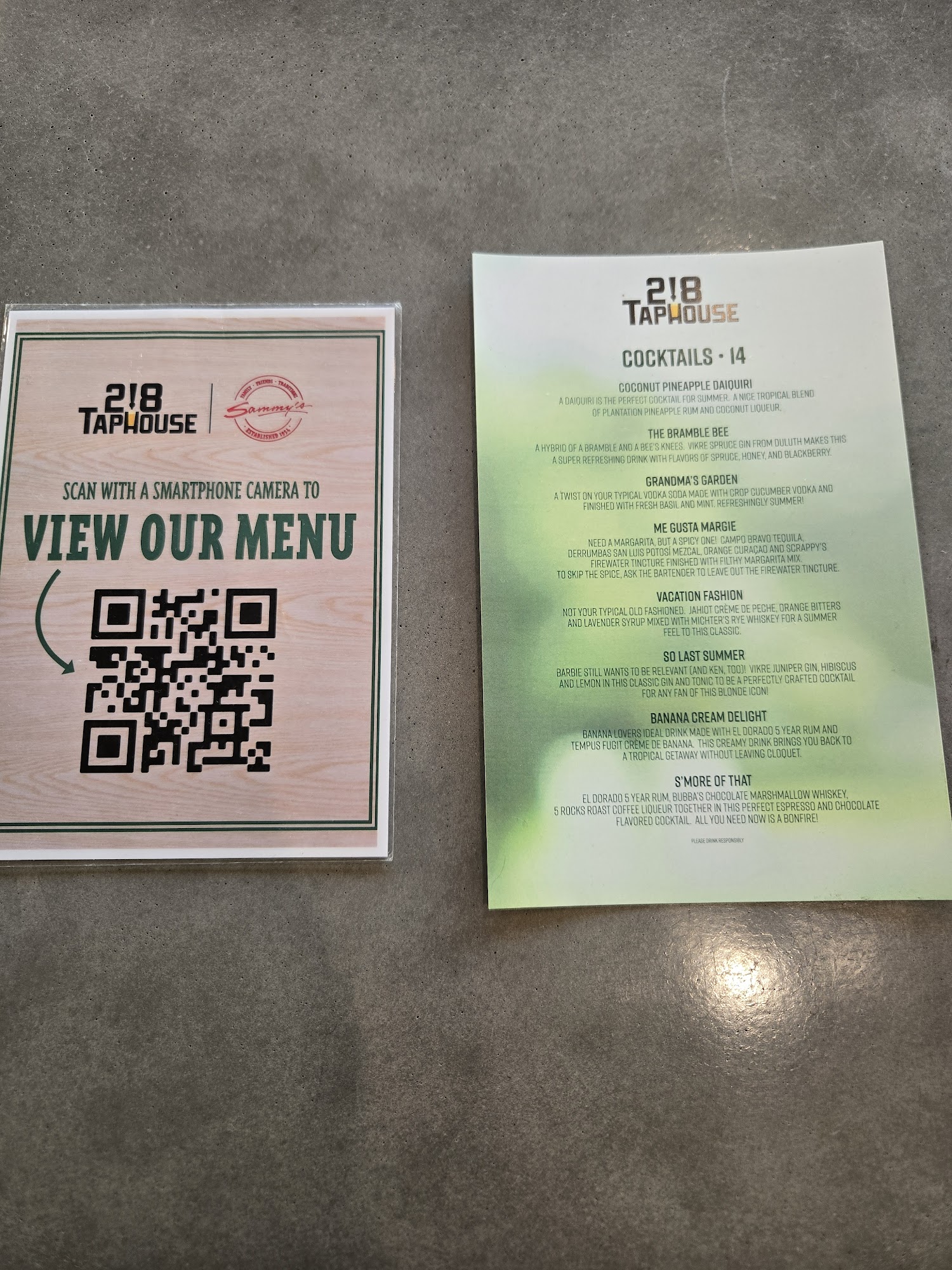 218 Taphouse Menu