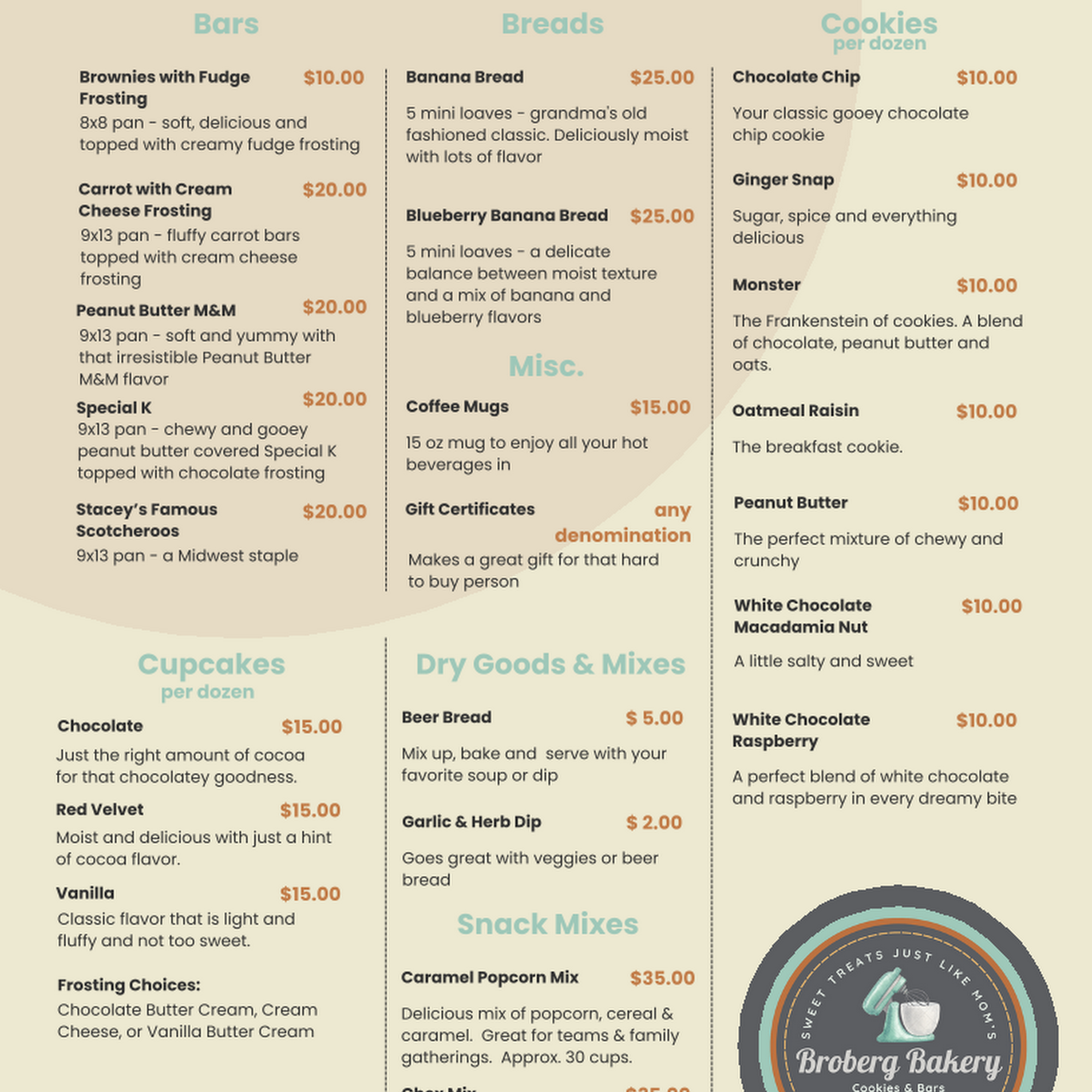 Broberg Bakery Menu