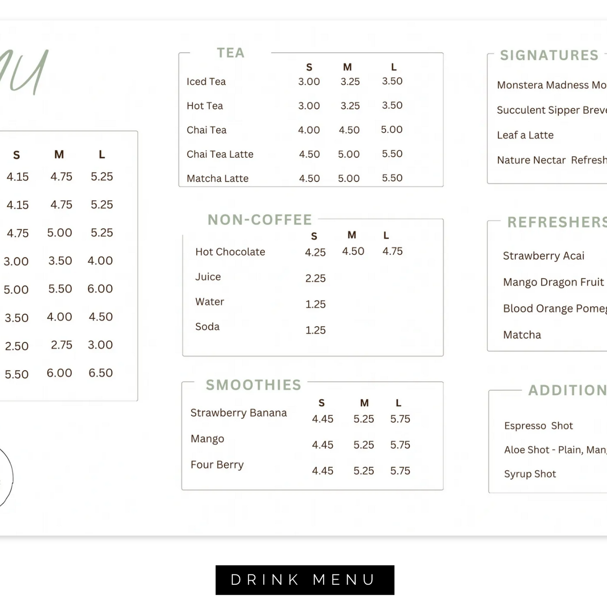 Nature Nook Cafe Menu