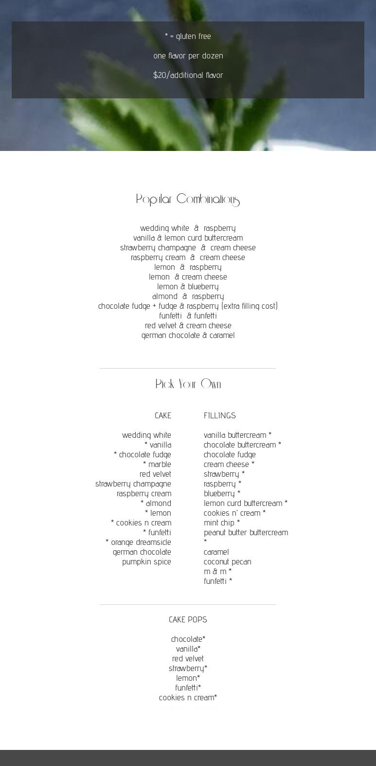 Snazzy Cakes Menu