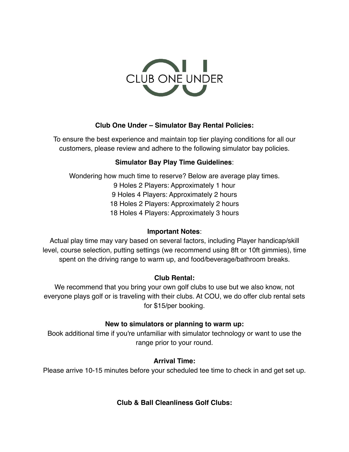 Club One Under Menu