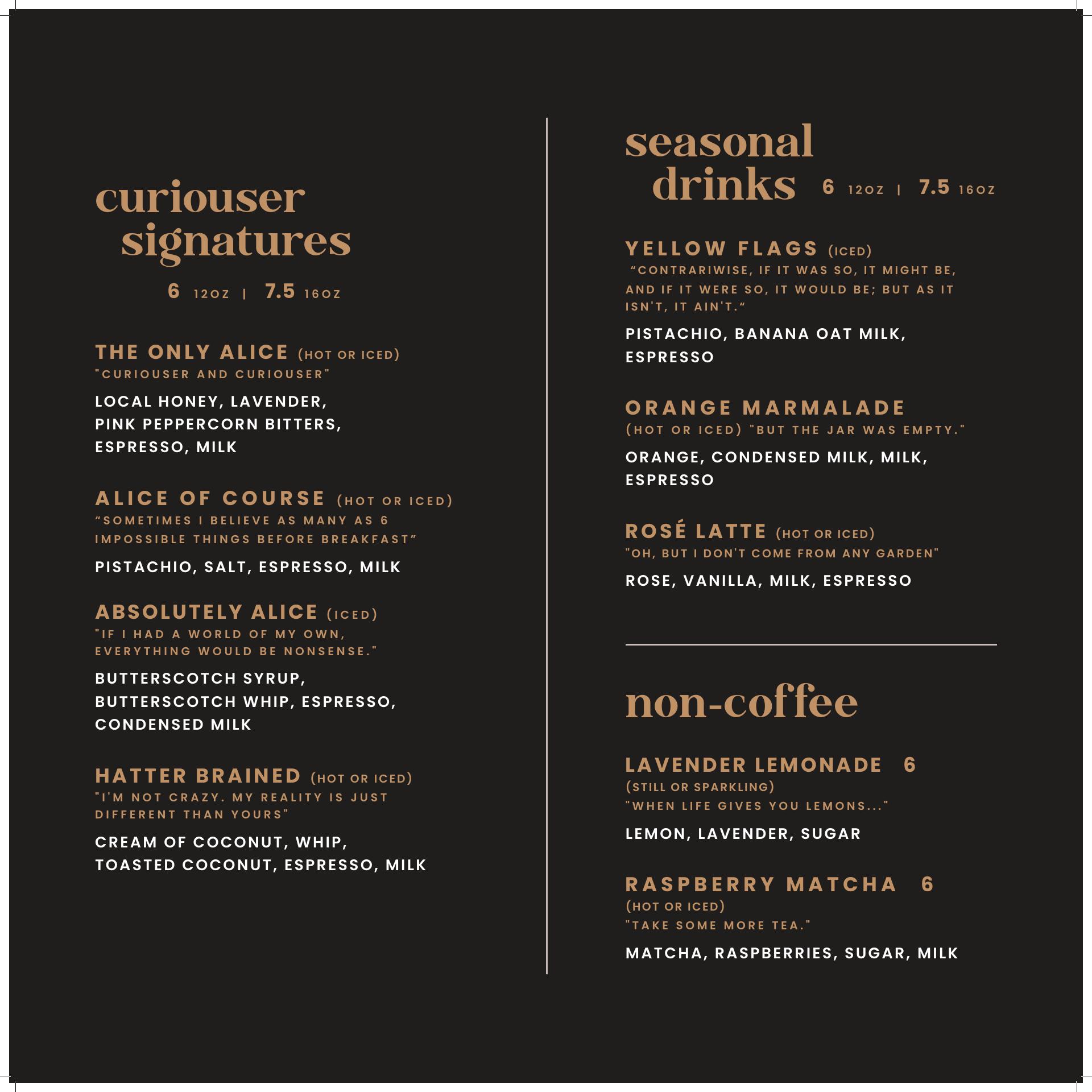 Curiouser Coffee and Elixirs Menu