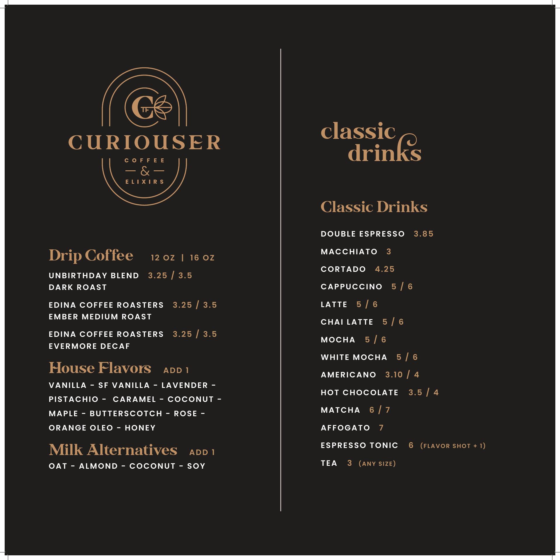 Curiouser Coffee and Elixirs Menu