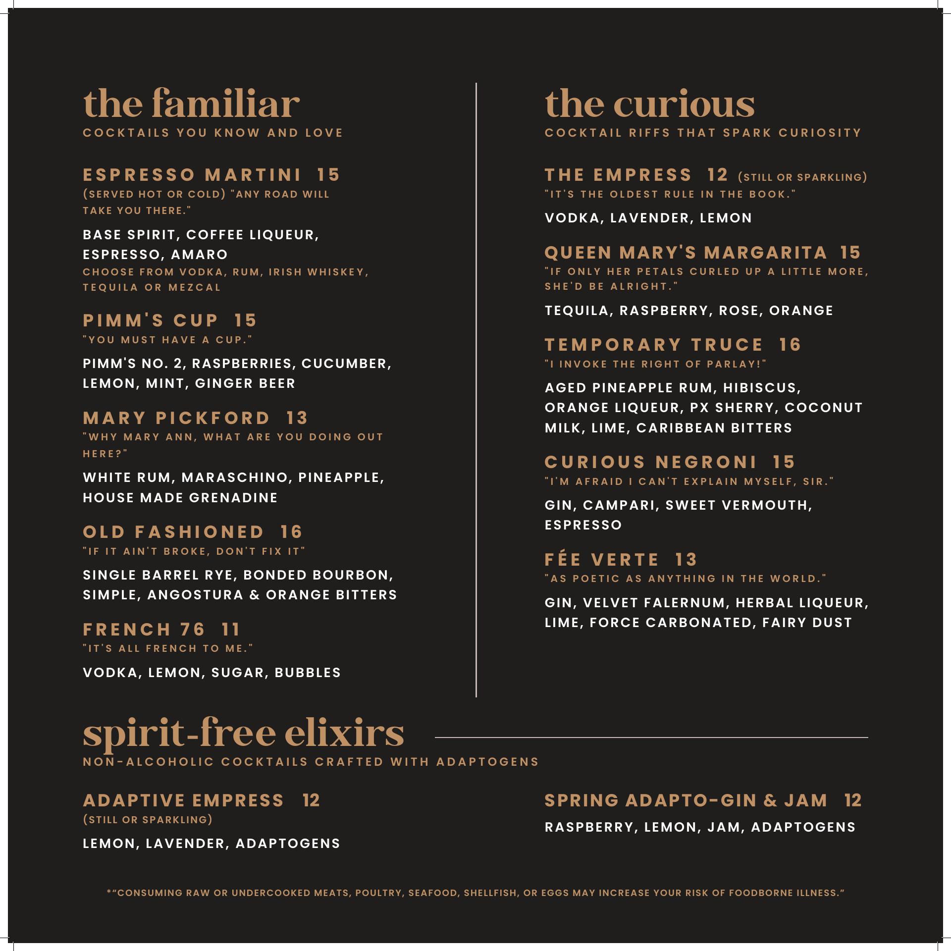 Curiouser Coffee and Elixirs Menu