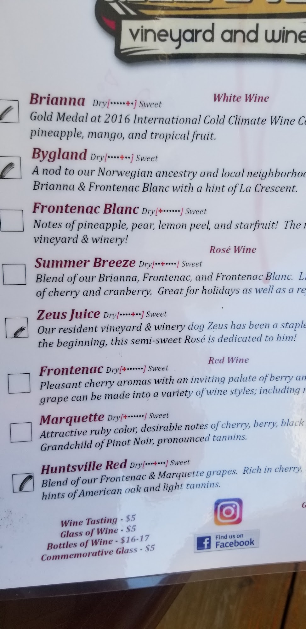 Grape Mill Vineyard & Winery Menu