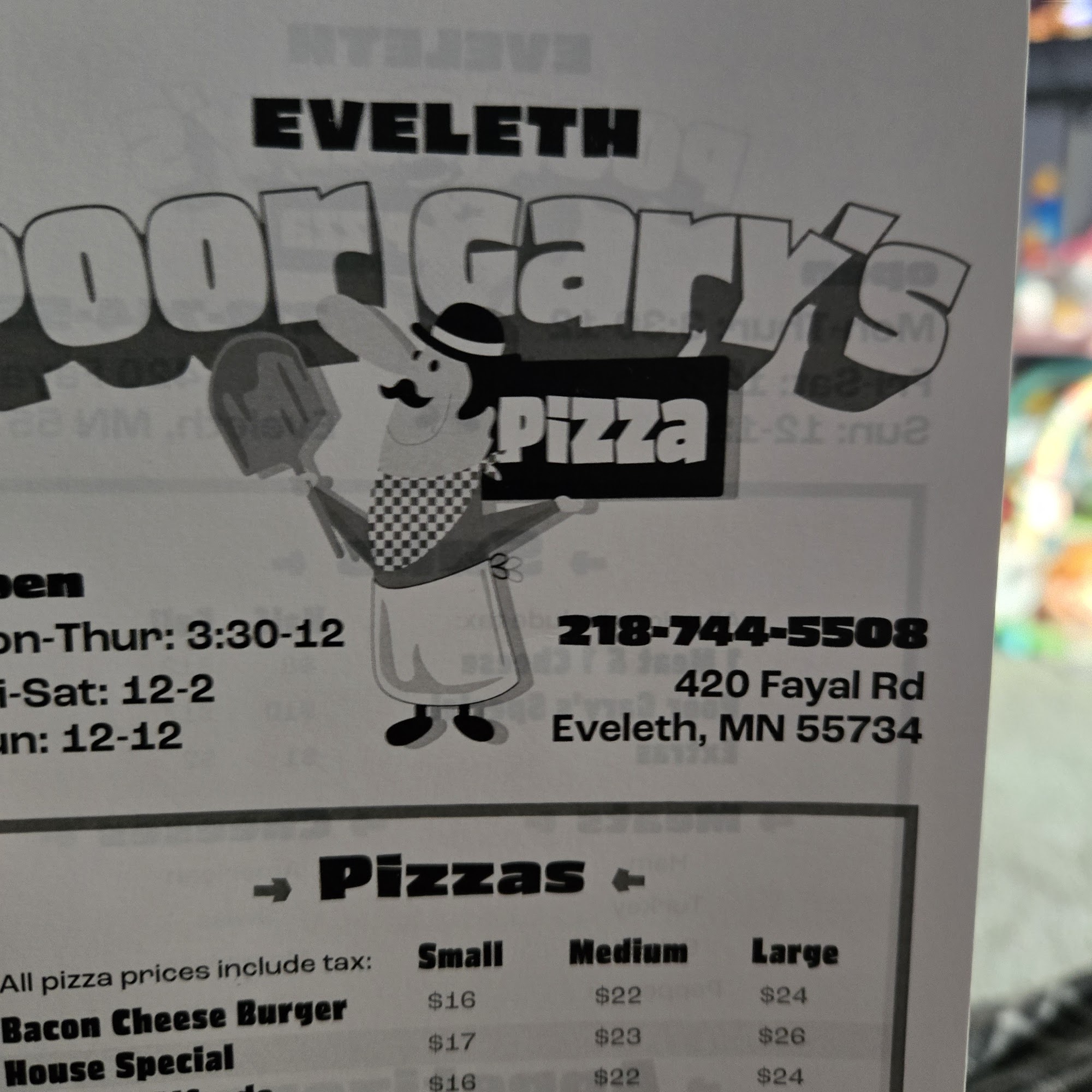 Poor Gary's Pizza Of Eveleth Menu