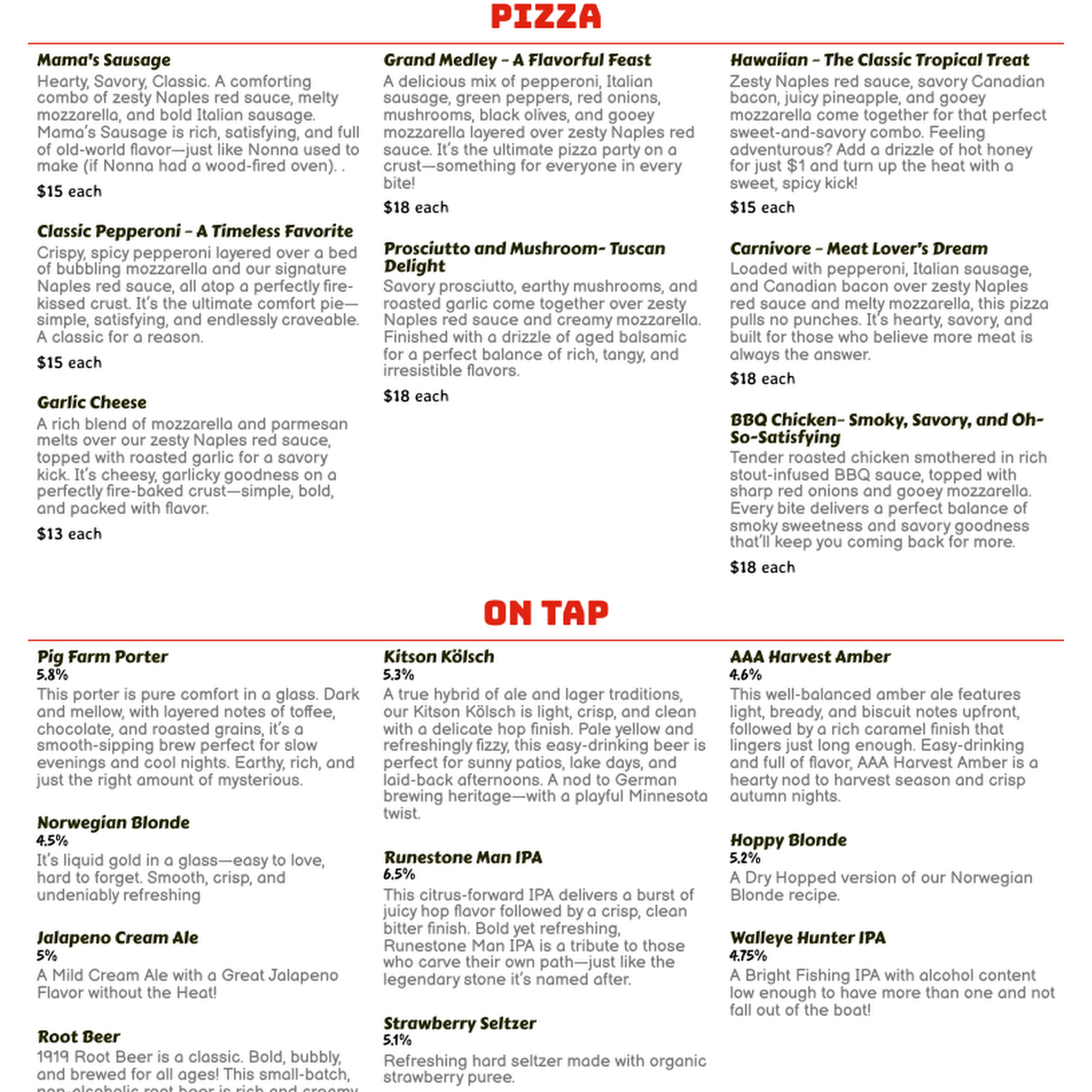 ABC Brewing and Pizza Fergus Falls Menu