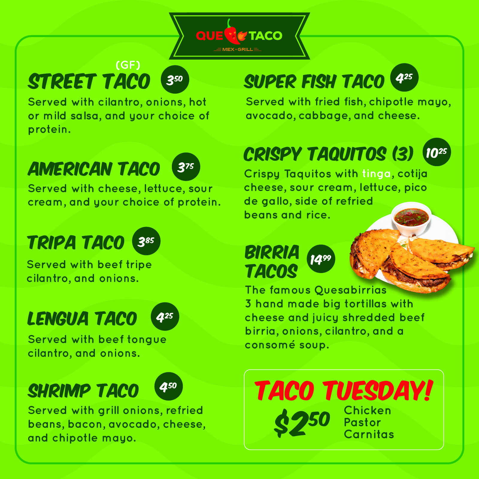 Que Taco Fridley Menu