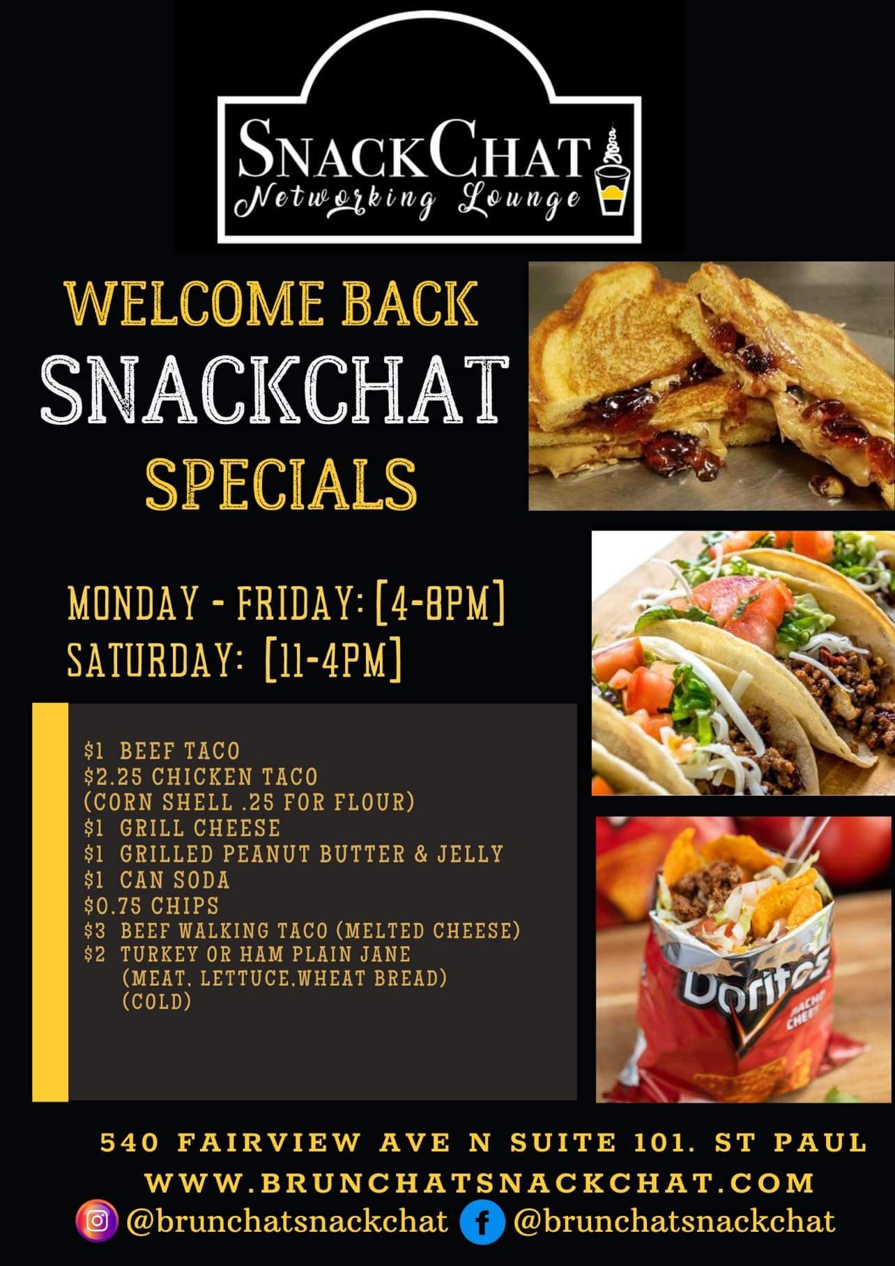 Snackchat Networking Lounge and BAR Menu