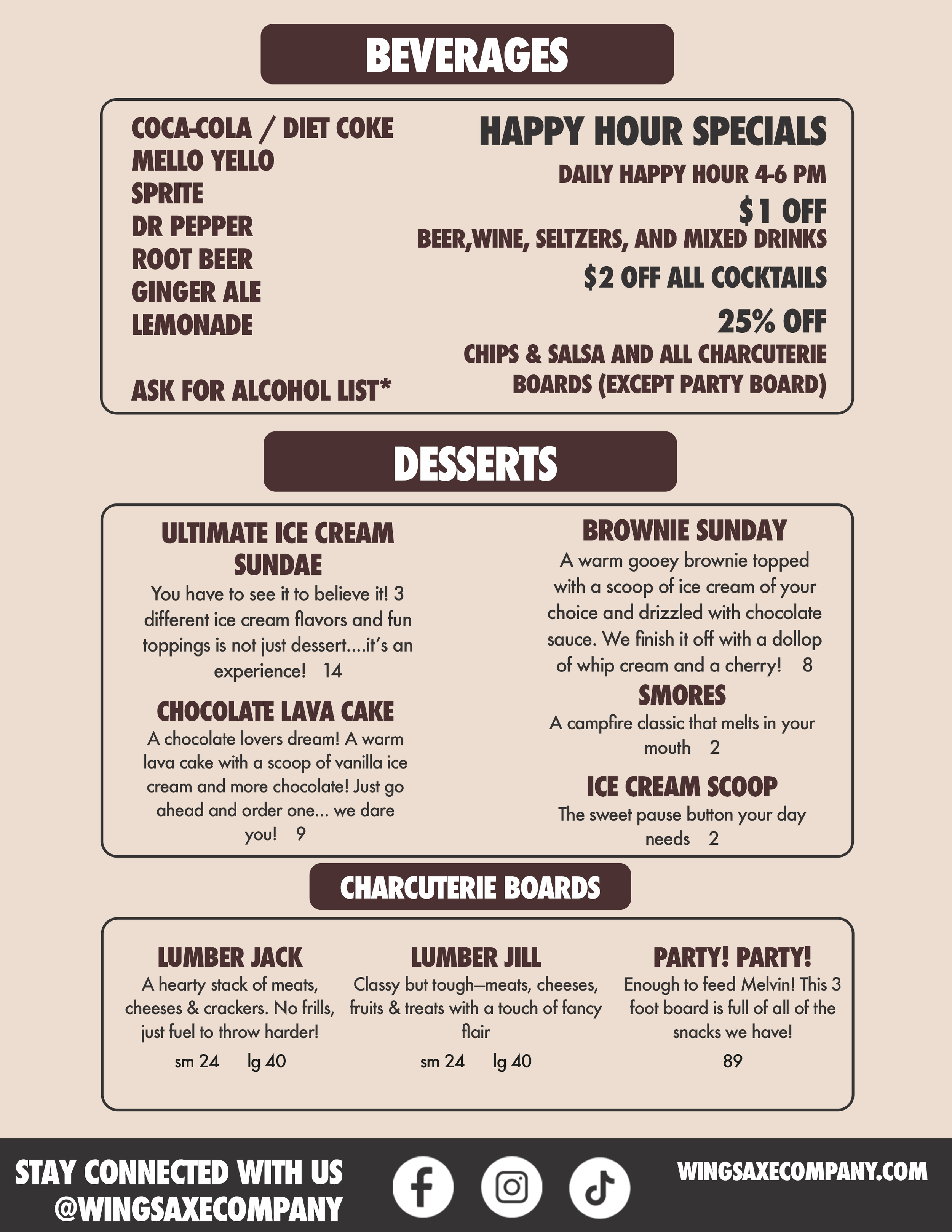 Wings Axe Company Menu