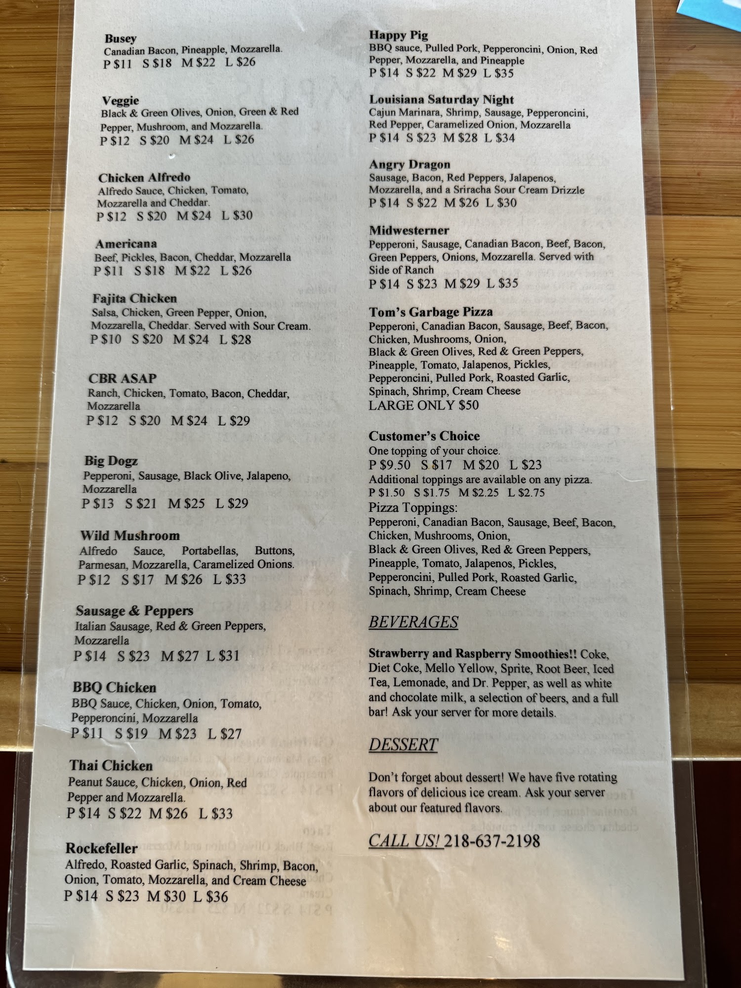 Rhombus House of Pizza Menu