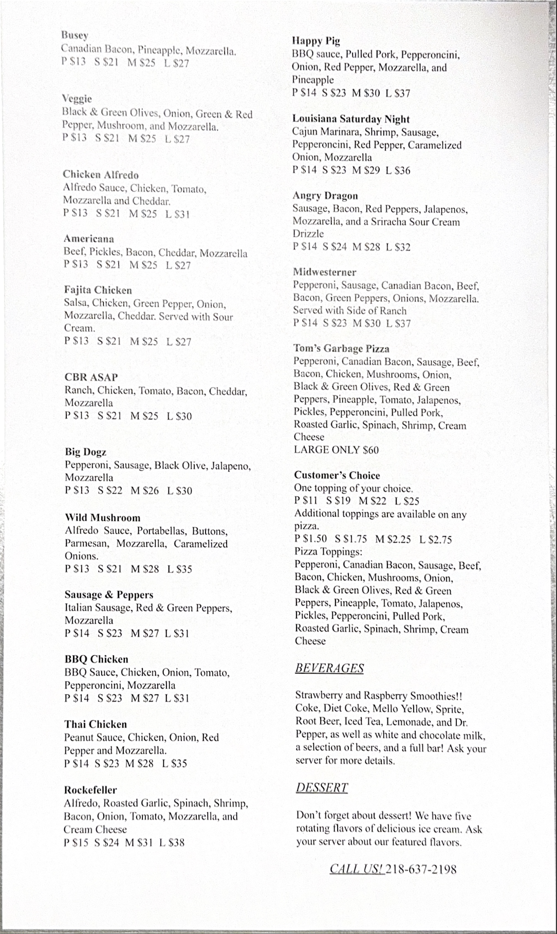 Rhombus House of Pizza Menu