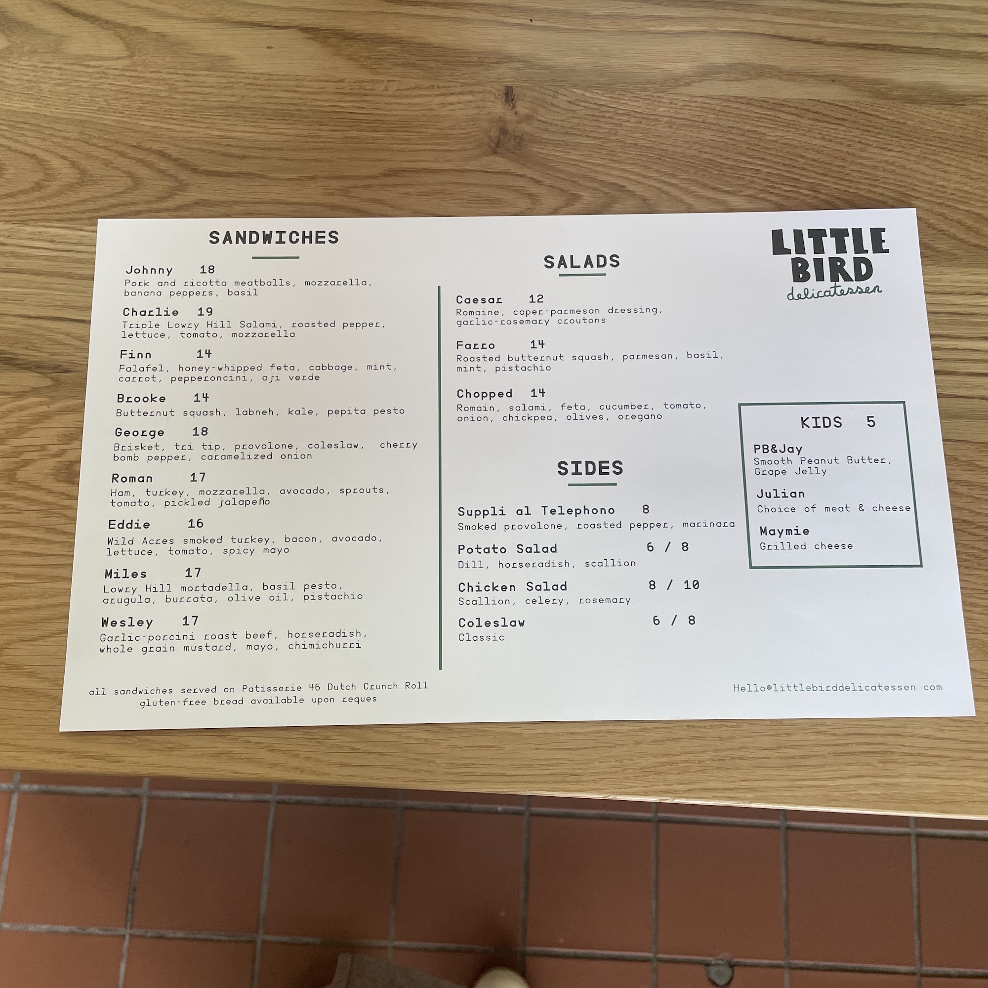 Little Bird Delicatessen Menu