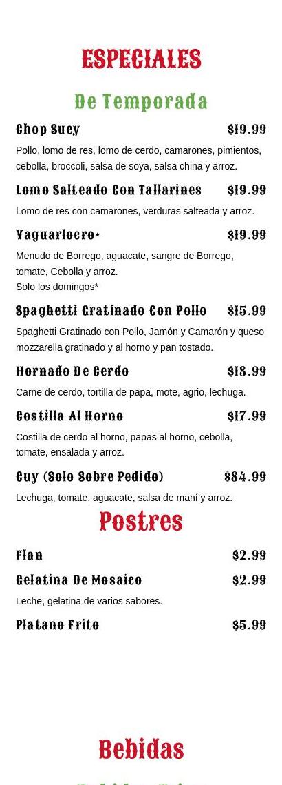 El Unico Sabor Menu